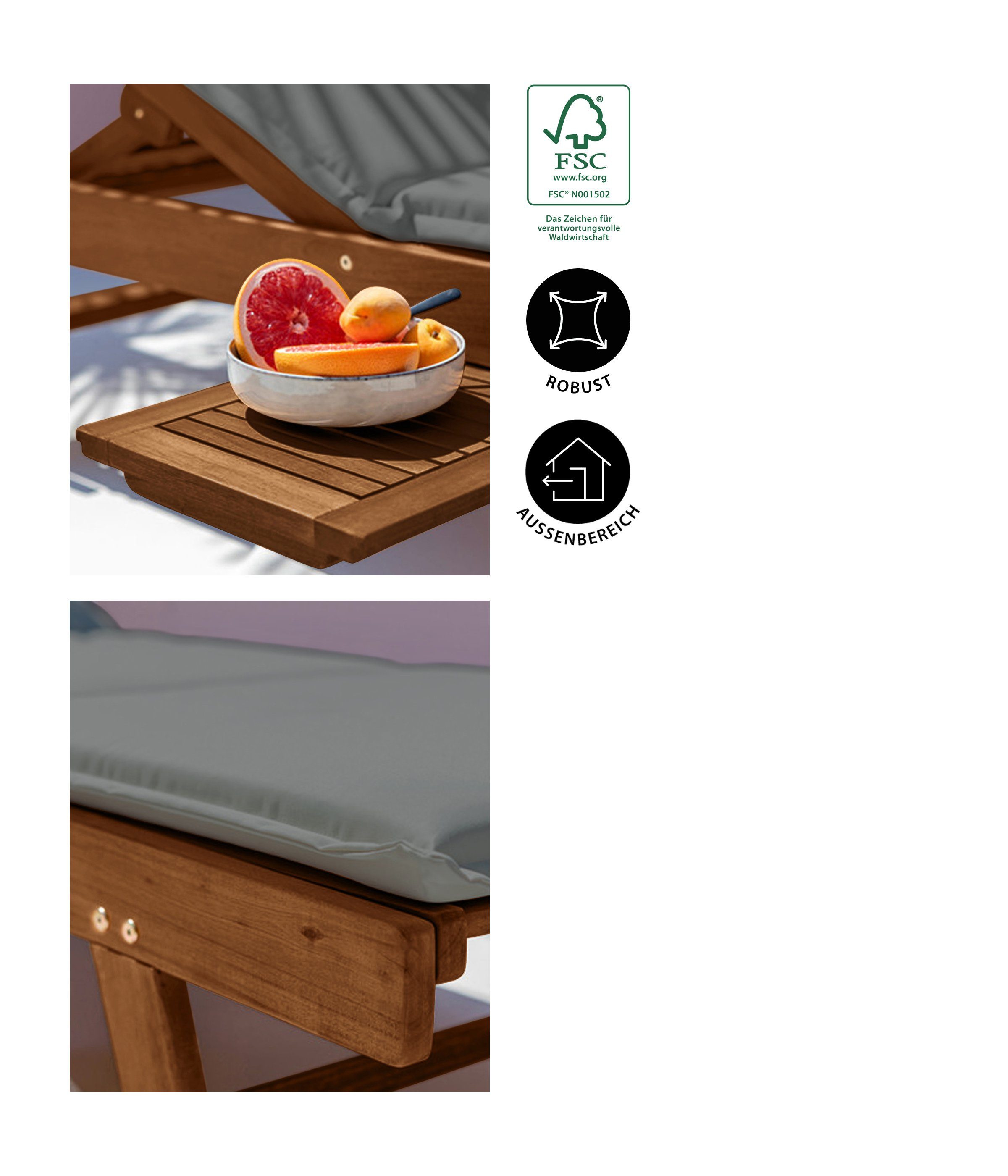 Dehner Gartenliege Rolliege Ravenna inkl. Polster, 200 x 70 x 89cm, Holz, verstellbare Sonnenliege mit Rollen, aus FSC®-zertifiziertem Holz