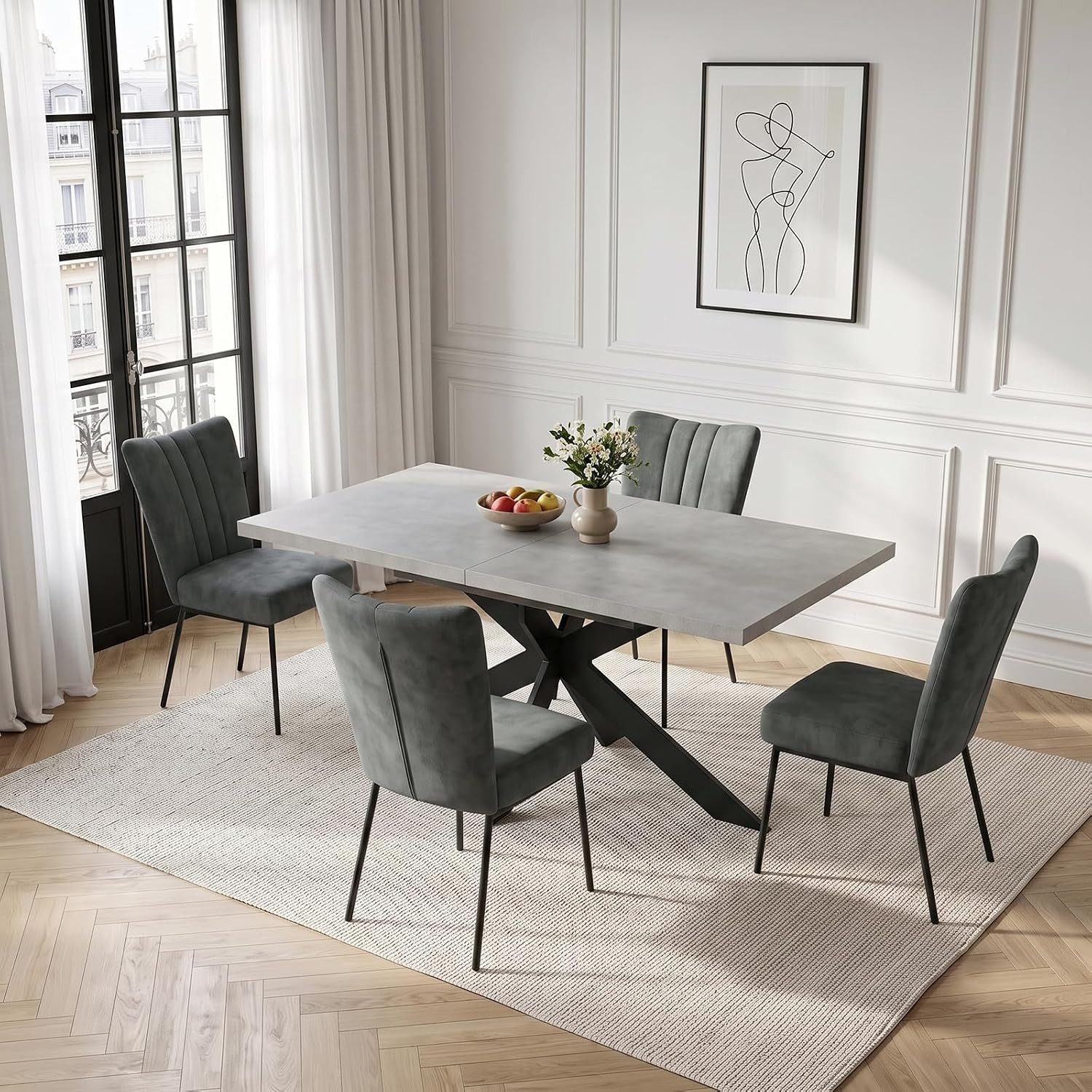 Jiexi Essgruppe Essgruppe: Ausziehtisch 130-170cm, X-Gestell, 4-6 Samtstühle