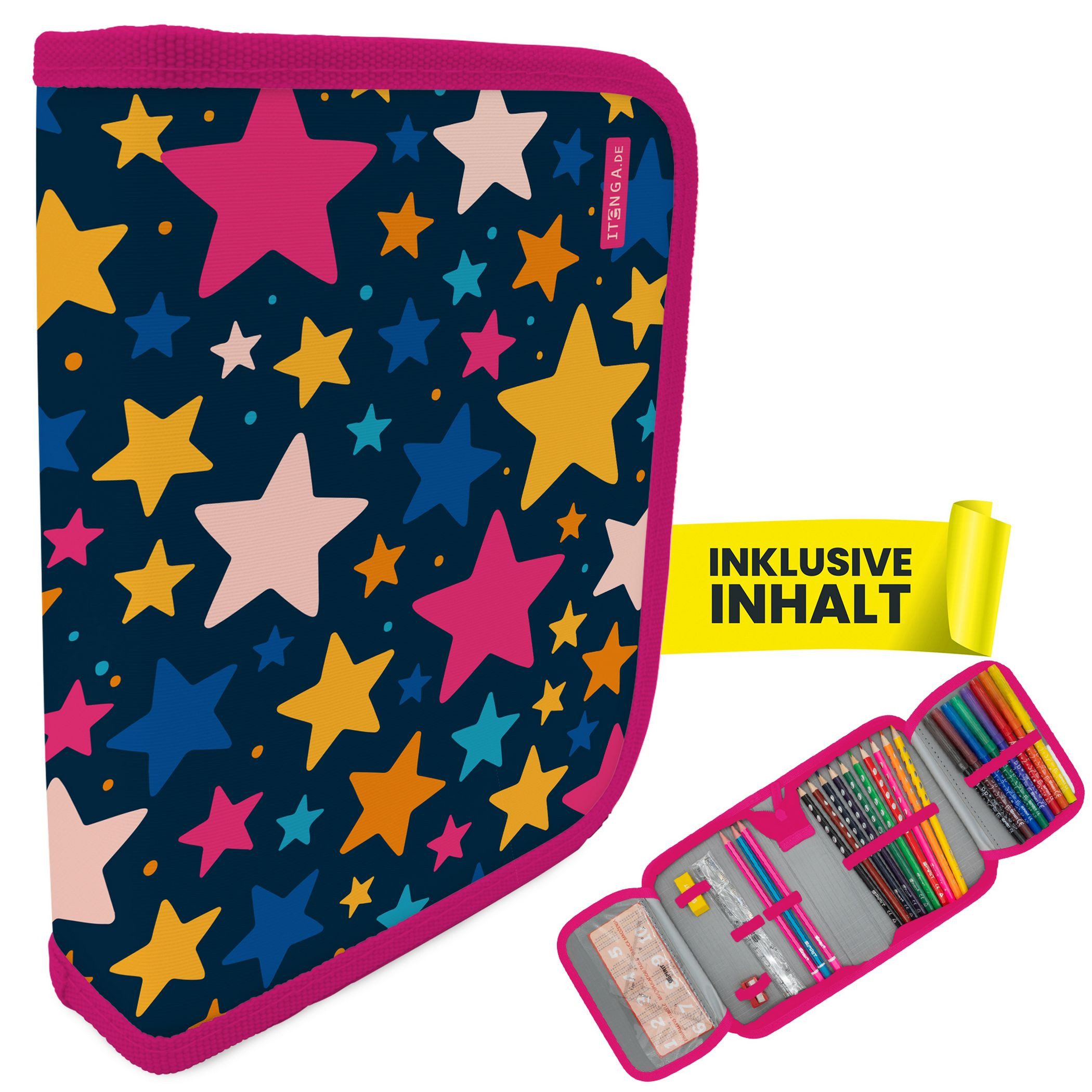 Federmäppchen itenga Schüler-Etui Mäppchen Sterne 28 teilig (gefüllt) 1-Zipper