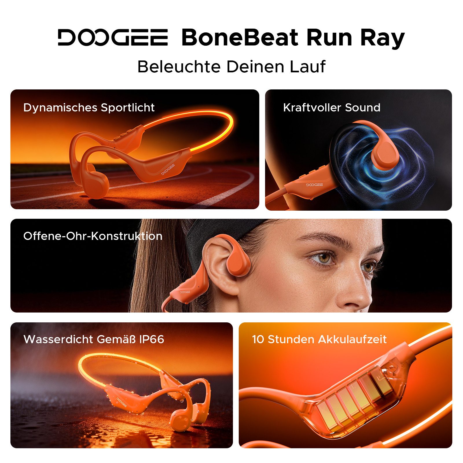 DOOGEE Bone Conduction Kopfhörer, Open-Ear, Bluetooth 6.0, LED Bluetooth-Kopfhörer (IP66 Sportkopfhörer mit 10h Akku, Verstellbarer Bügel fürs Laufen)