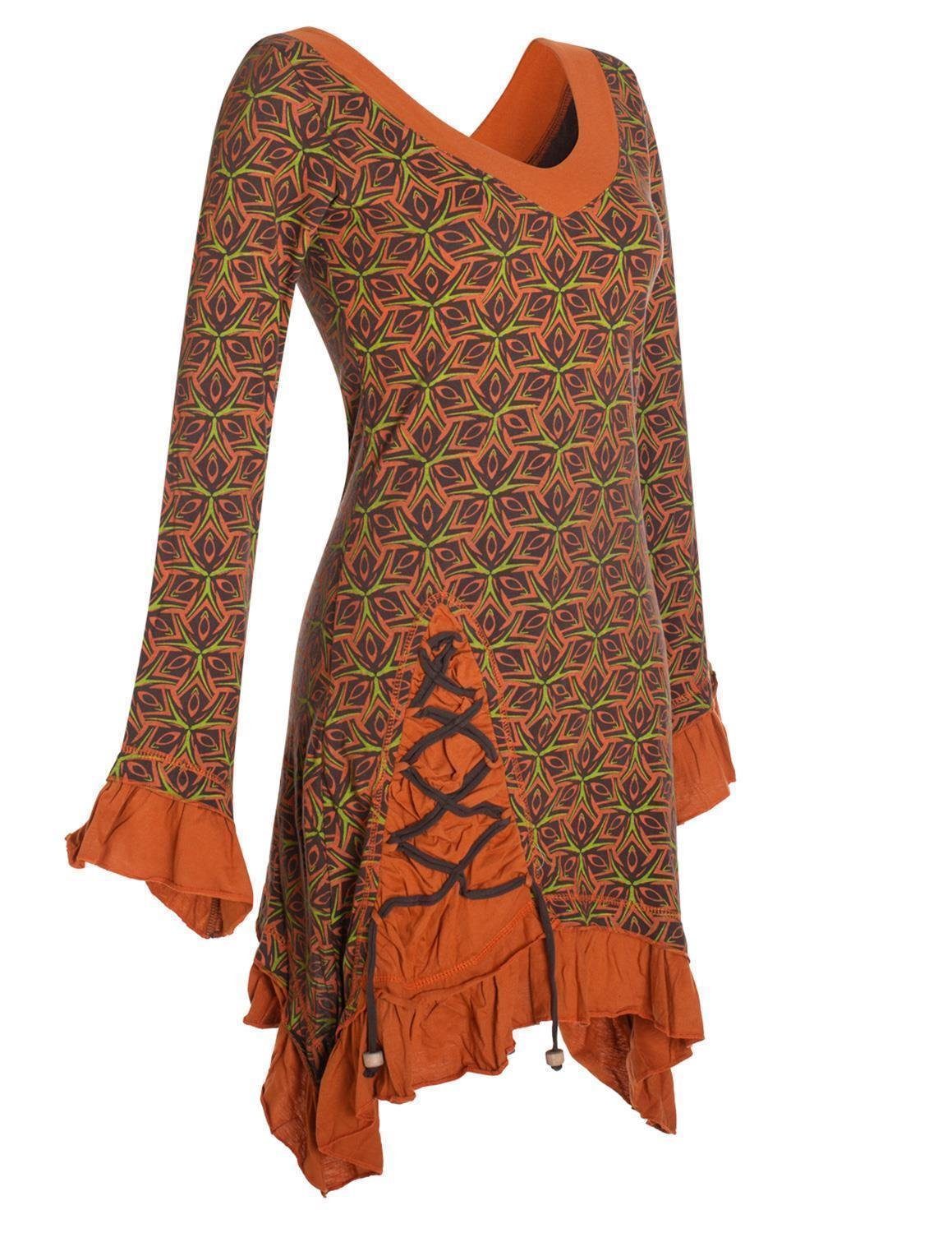 Vishes Zipfelkleid Langarm Kleid Bedruckt Asymmetrisch Rüschen Volant Elfen, Hippie, Festkleid braun