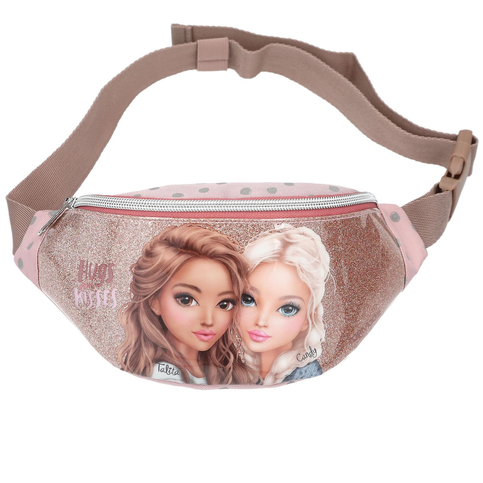 Depesche Kinderrucksack Crossbag in Rosa mit Model Motiv und Glitzer, längenverstellbarer Gurt, Umhängetasche, TOPModel Dots Design