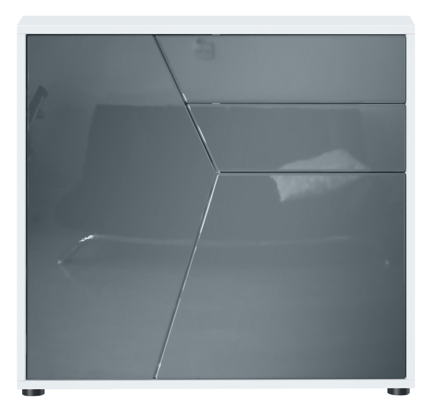 Vladon Kommode Benny (Kommode, mit 2 Türen und 2 Schubladen), Weiß matt/Grau Hochglanz (79 x 74 x 36 cm)