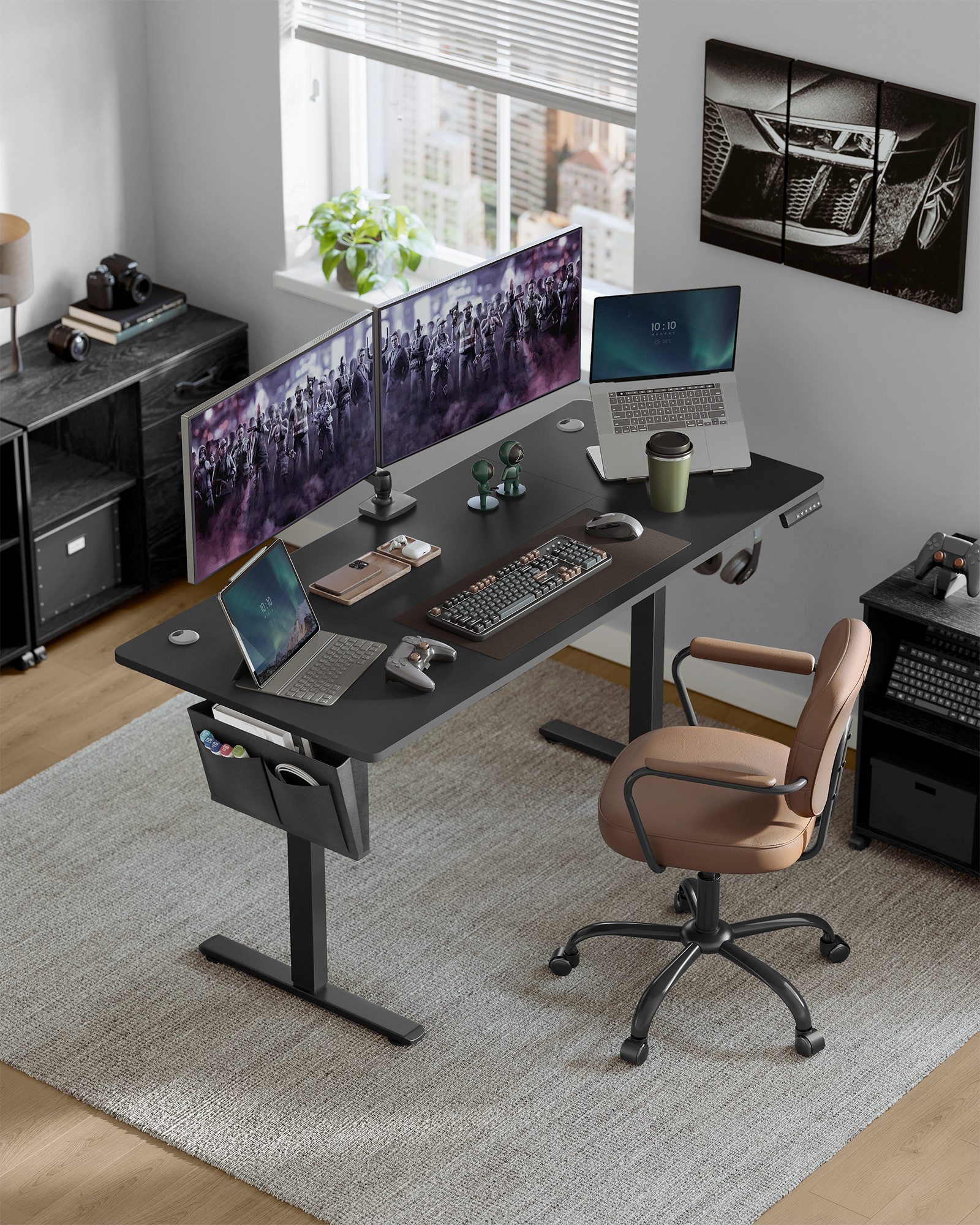 SONGMICS Schreibtisch Höhenverstellbarer elektrisch, 100/120/140/160/180 cm, USB-C-Anschluss, Memory-Funktion für 4 Höhen, mit Stoff-Organizer