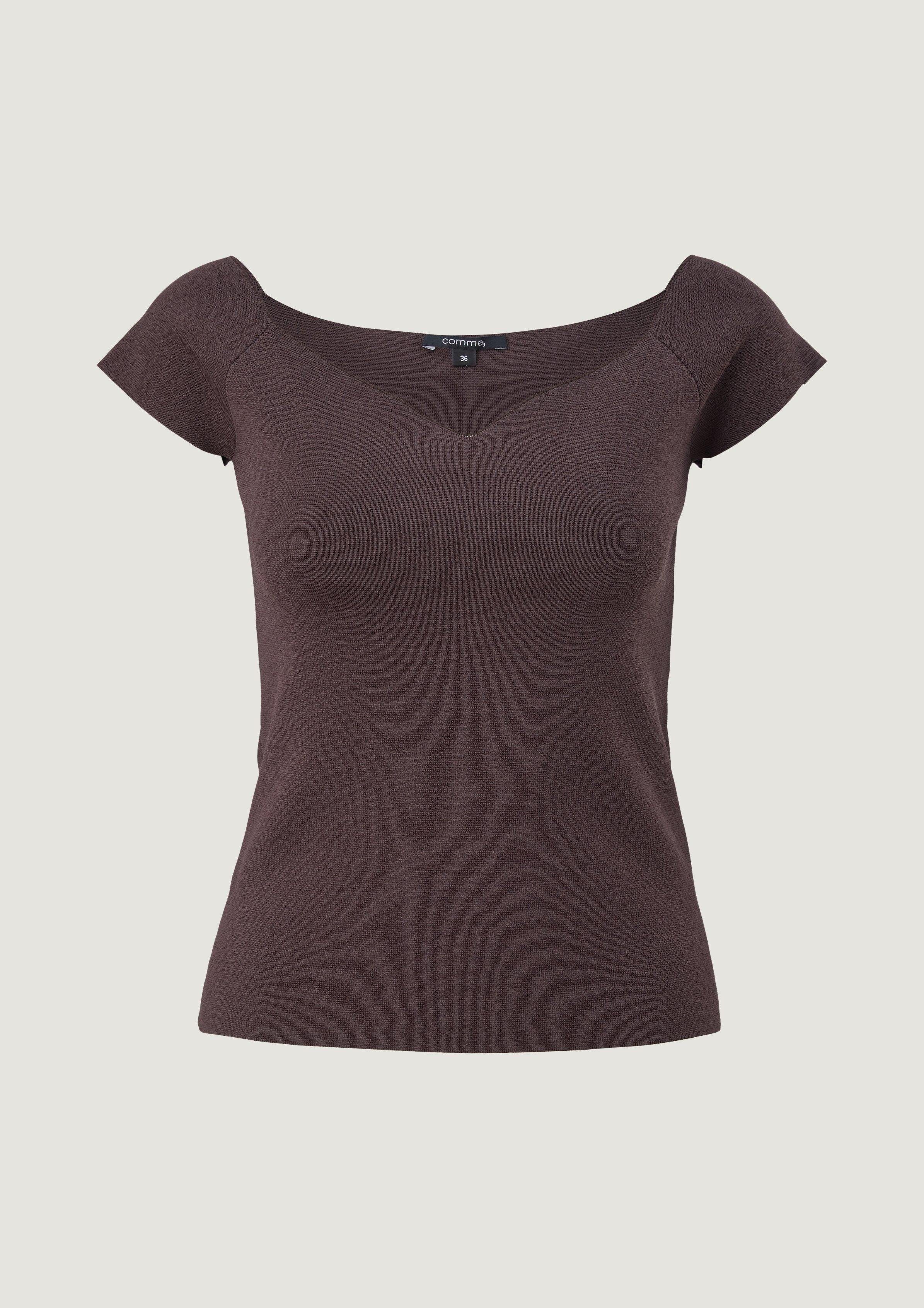 brown Kurzarmshirt chocolate mit Top Comma Herzausschnitt