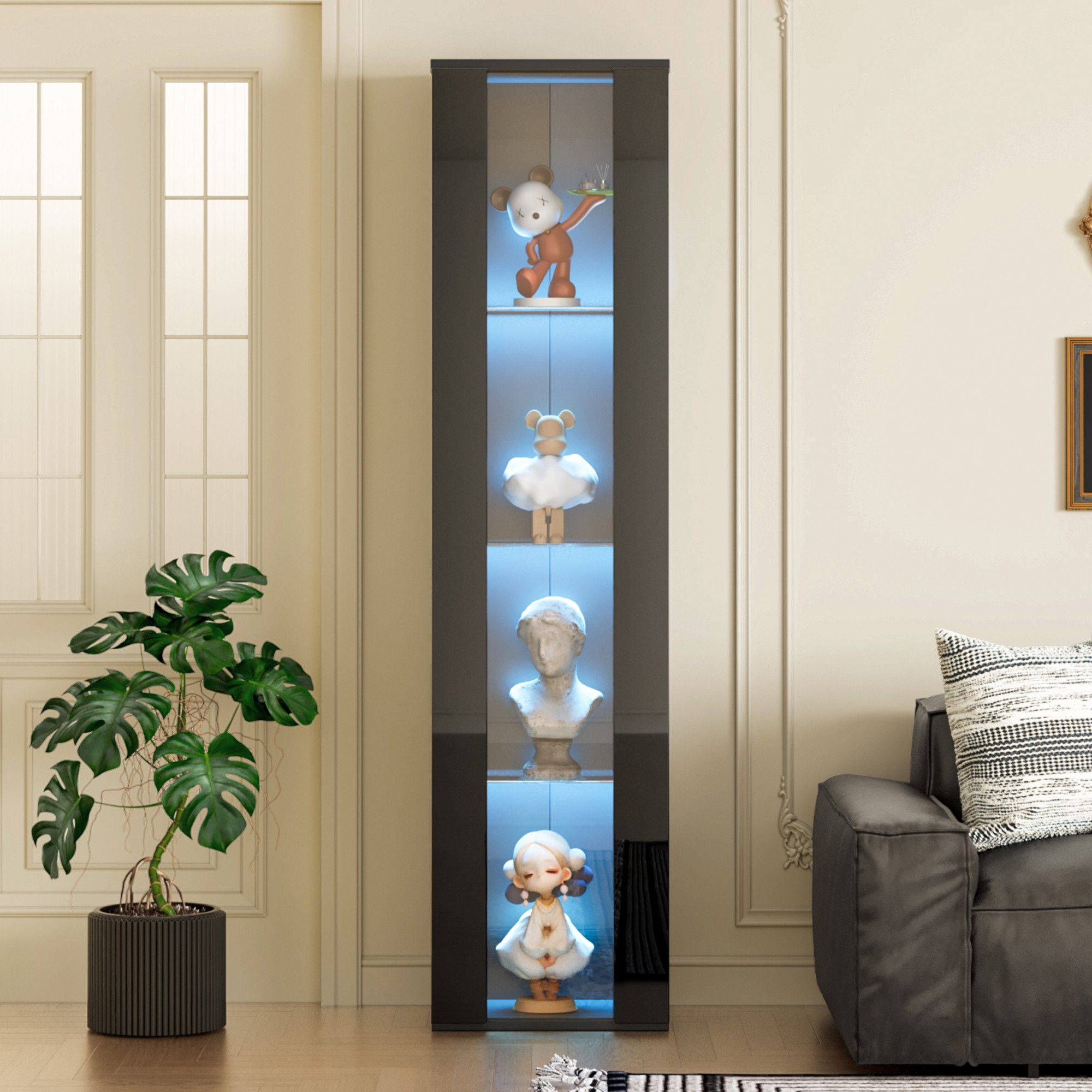 Flieks Glasvitrine Hochschrank mit LED-Beleuchtung, Acryltüren, Wandmontage/Bodenstehend (Hängeschrank Vitrine für Wohnzimmer, Schlafzimmer, Esszimmer, 1-St., B – Bild 4 von 5