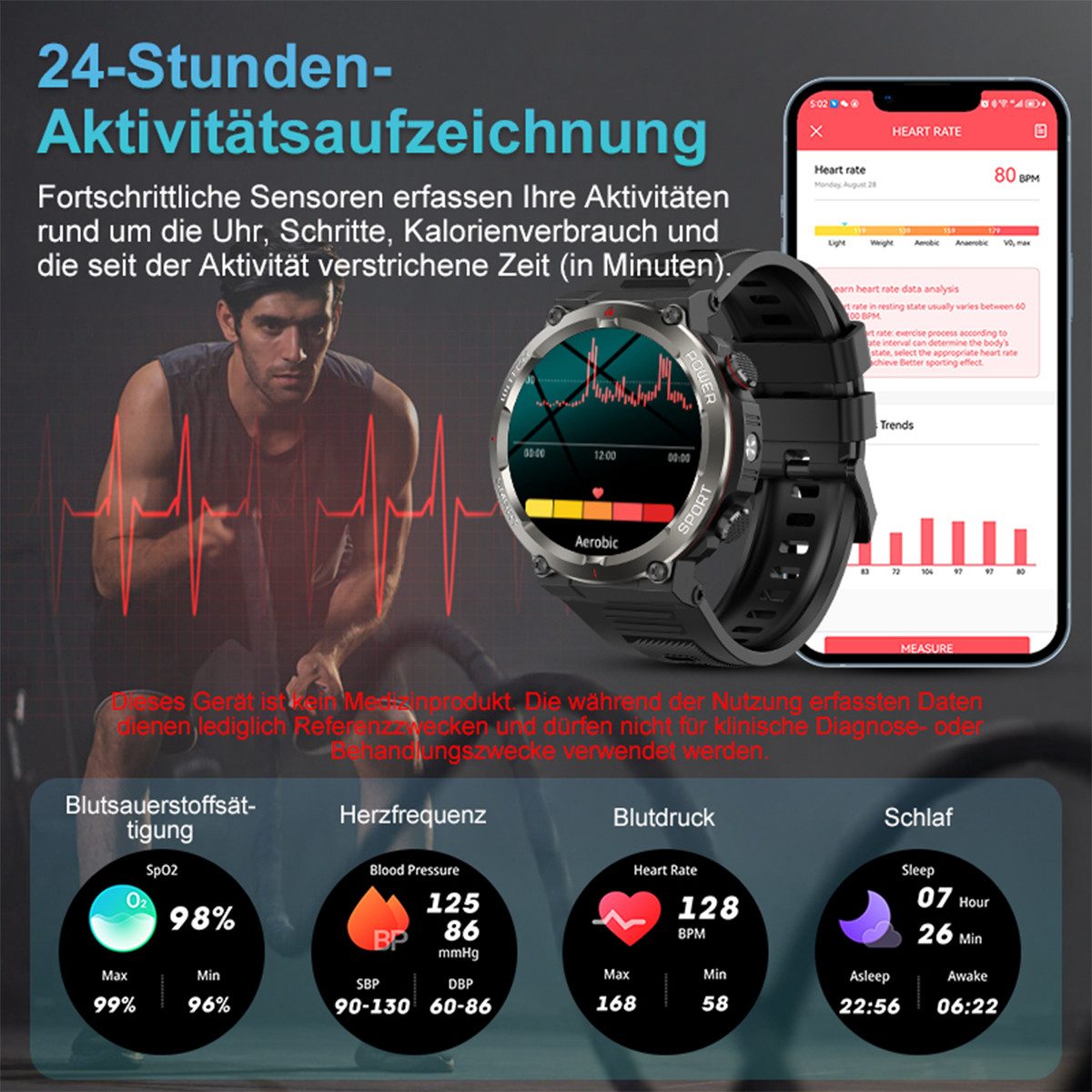blackview Militärische Smartwatch für Herren mit Telefonfunktion, 960 mAh Akku Smartwatch (1.45 Zoll, iOS/Android), 1× Silikonarmband 1× Geflochtenes Armband 1× Magnetisches Ladekabel, 30 Tage Akkulaufzeit, LED-Taschenlampe, Kompass,150+ Sportmodi,IP68