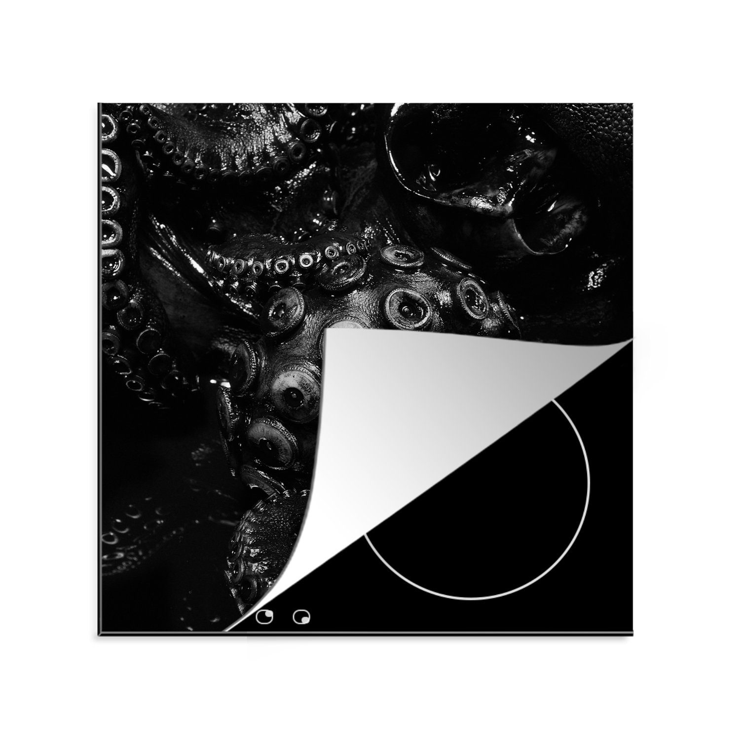 MuchoWow Herdblende-/Abdeckplatte Nahaufnahme Oktopus auf schwarzem Hintergrund in schwarz und weiß, Vinyl, (1 tlg), 78x78 cm, Ceranfeldabdeckung, Arbeitsplatte für küche