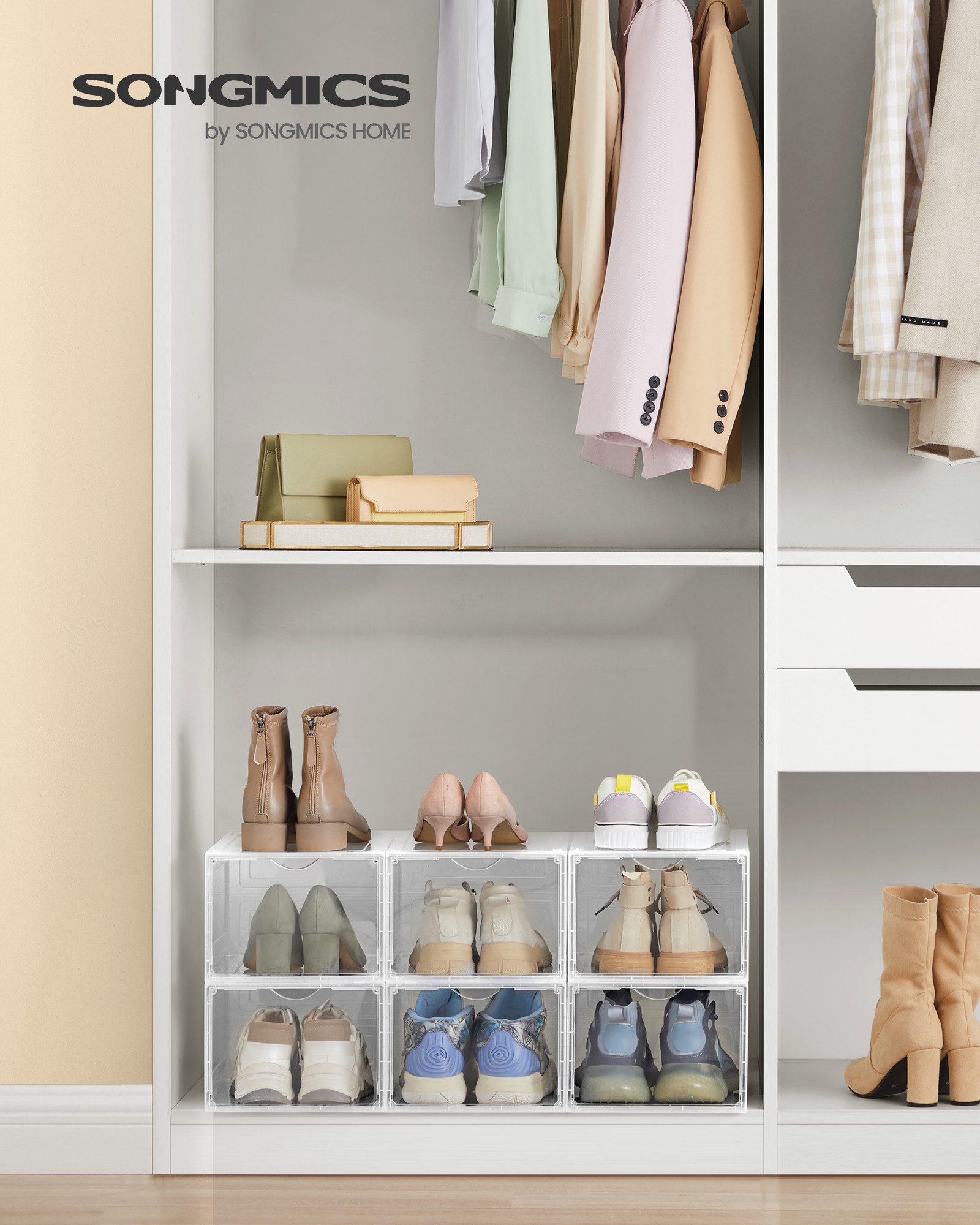 SONGMICS Schuhbox Schuh-Organizer aus Kunststoff, Magnetische Frontklappe (6 St), stapelbar, 27 x 34,5 x 19 cm, für Schuhe bis Größe 46