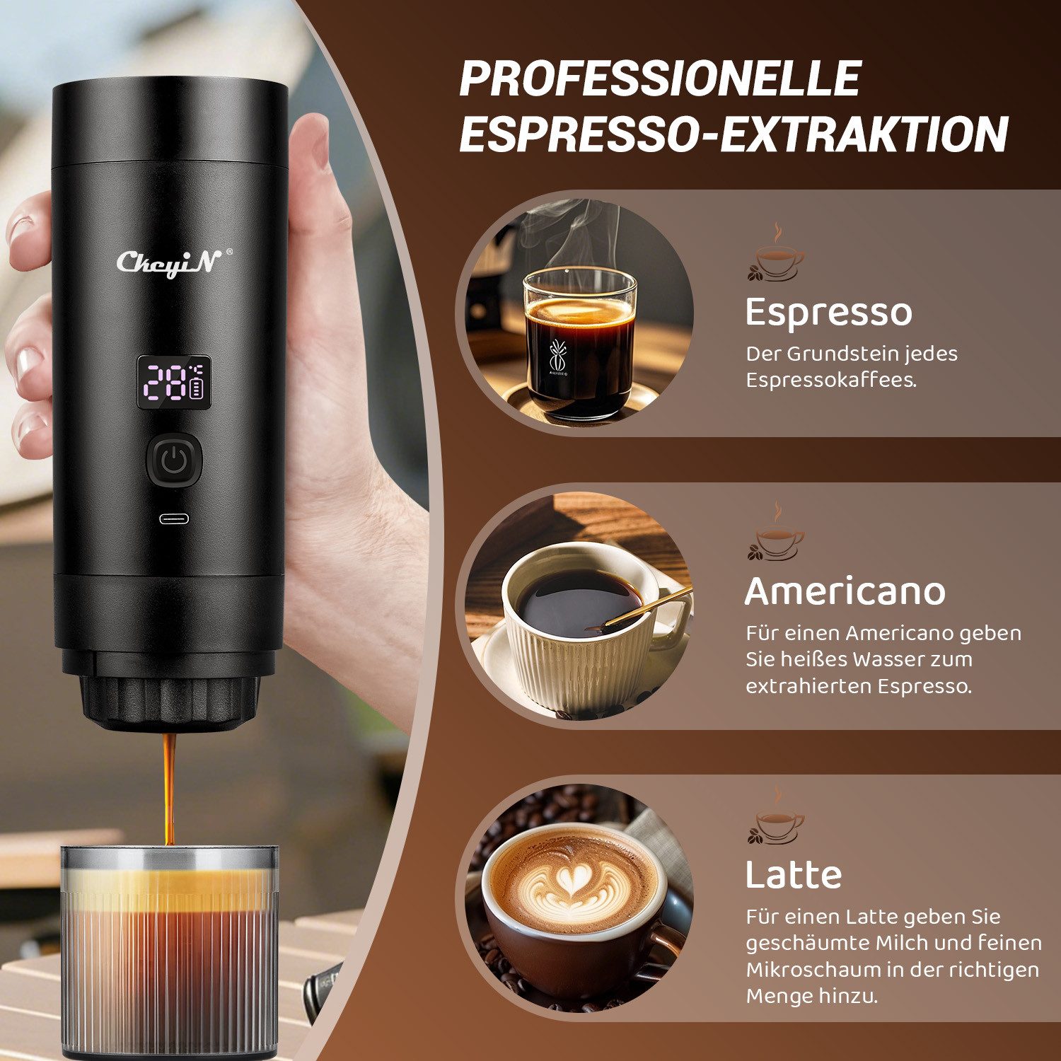 CkeyiN Reisekaffeemaschine Tragbare Espressomaschine für Kapseln/Pulver/Tee, 0,2l Kaffeekanne, Korbfilter, 3 in 1 Camping-Kaffeemaschine