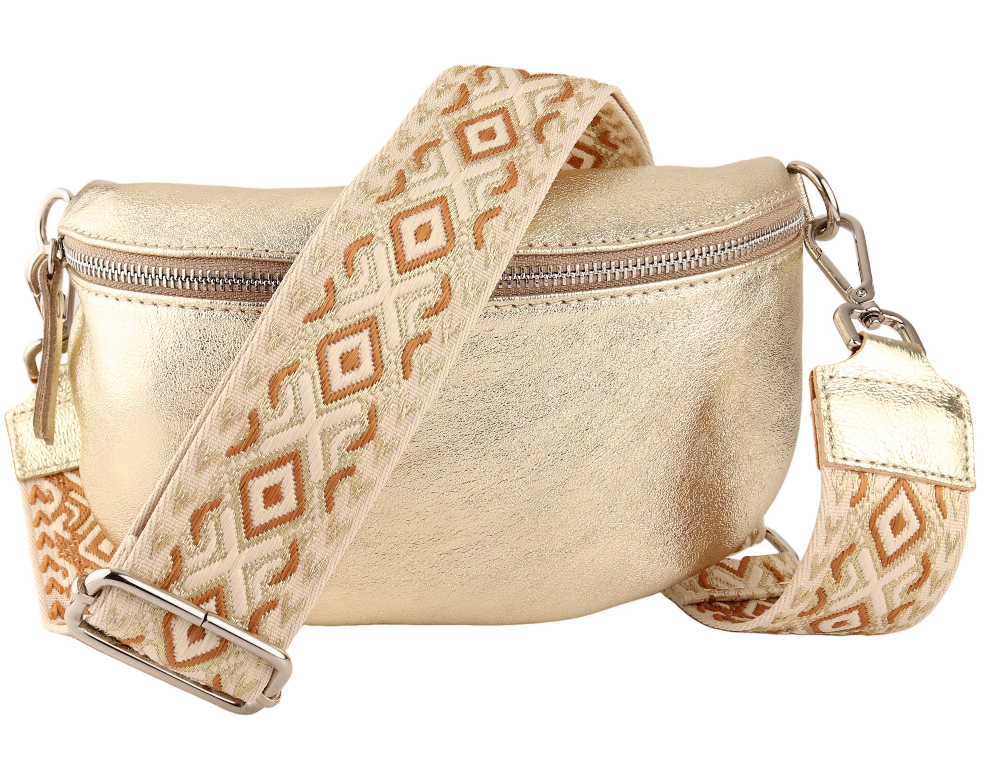 MIRROSI Bauchtasche Damen, Echtleder, Leder, Made in Italy, Umhängetasche, Brusttasche, (Schultertasche für jeden Anlass (1 Tasche & 1 / 2 Gurte), METALIC Gold Silber Crossbody Bag, verstellbare Schulterriemen