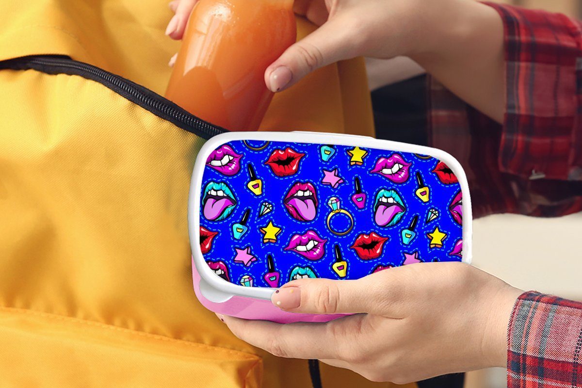 MuchoWow Lunchbox Muster - Popart - Kunststoff, (2-tlg), für Brotdose Neon Kinder, Kunststoff Brotbox Mädchen, Blau, Snackbox, Erwachsene, rosa 