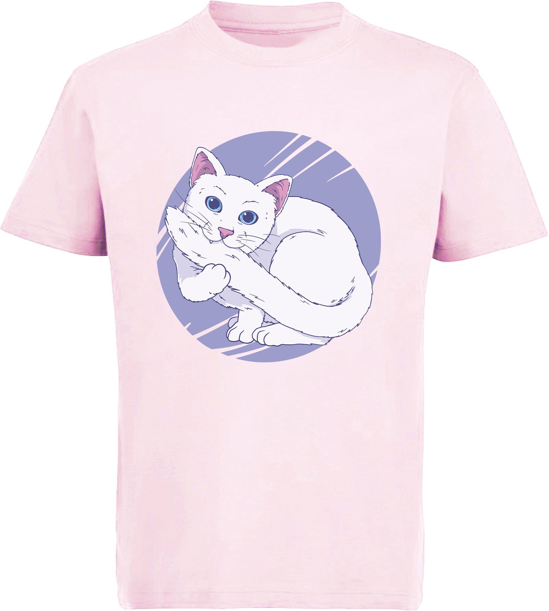 MyDesign24 Print-Shirt bedrucktes Mädchen T-Shirt weiße Katze die in Ihren Schwanz beißt Baumwollshirt mit Aufdruck, weiß, schwarz, rot, rosa, i127 | T-Shirts