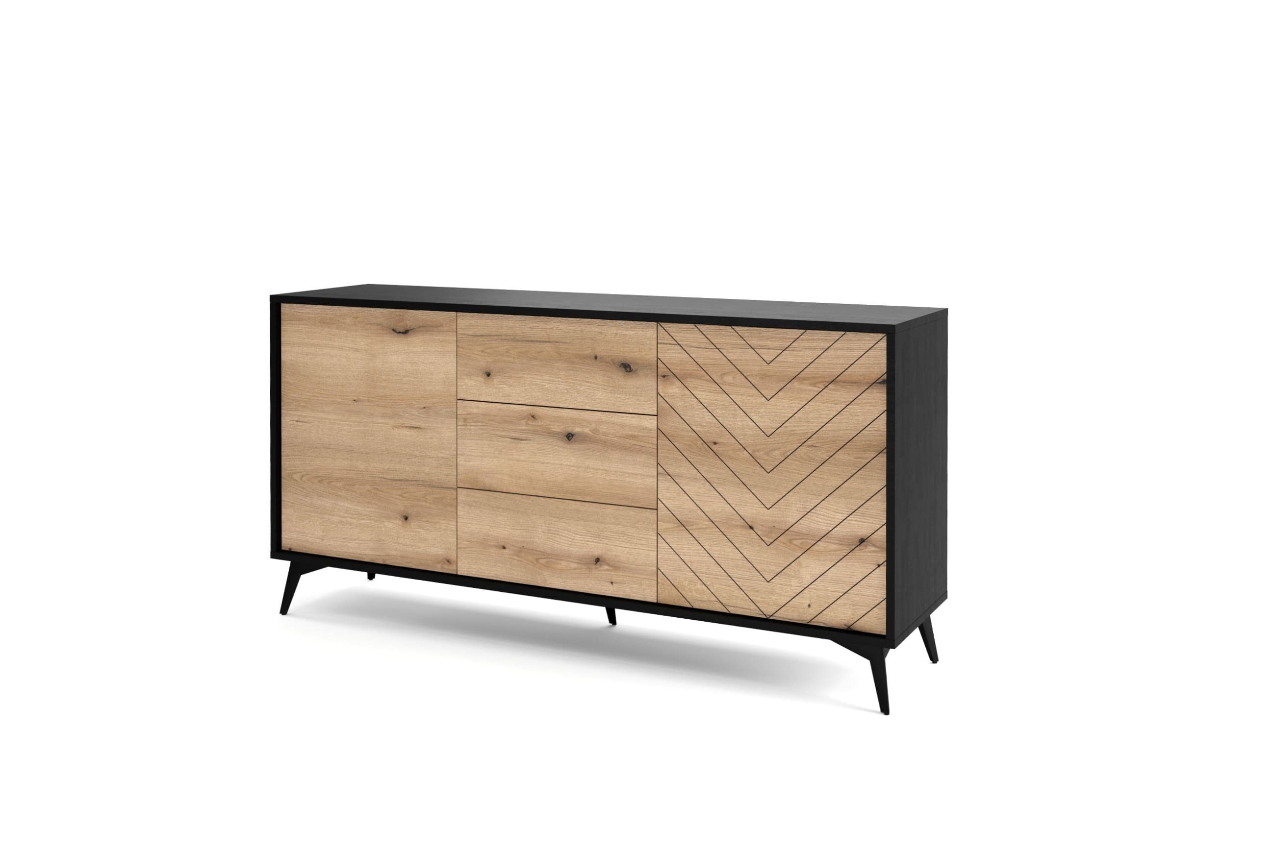 MOEBLO Kommode Onyks SZ154 (schwarz/eiche Evoke Fischgrät, moderne Design), (HxBxT):77x154x39cm