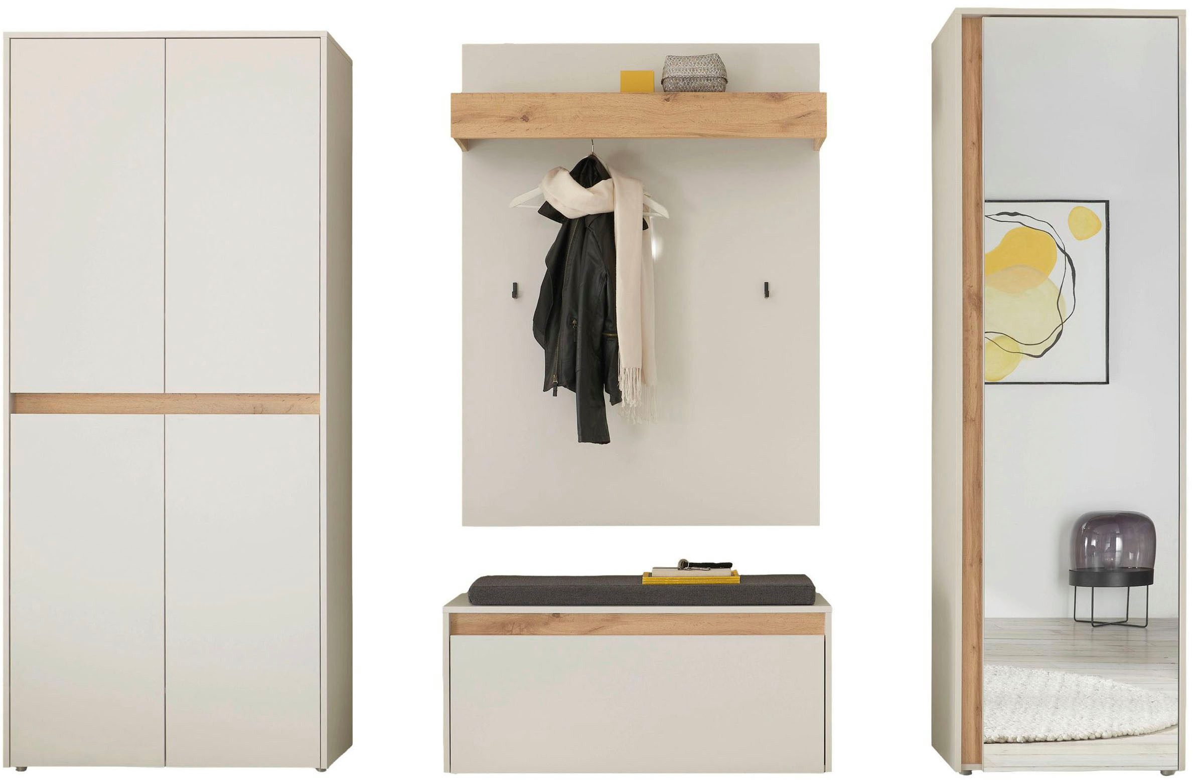 Home affaire Garderoben-Set City/Giron, moderne Garderobe, viel Stauraum, ca. 40 Schuhe, (Set, 4-St), enthält Schrank mit Spiegel, Schuhschrank, Paneel &Bank inkl. Kissen