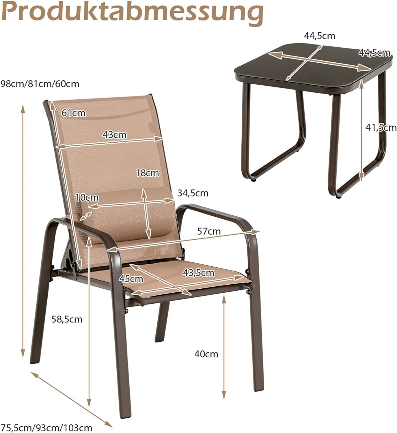 Hartglas Klappstuhl Rückenlehne 3-Teiliges (Set), braun Bistro-Set KOMFOTTEU Verstellbarer mit Klappbarer aus