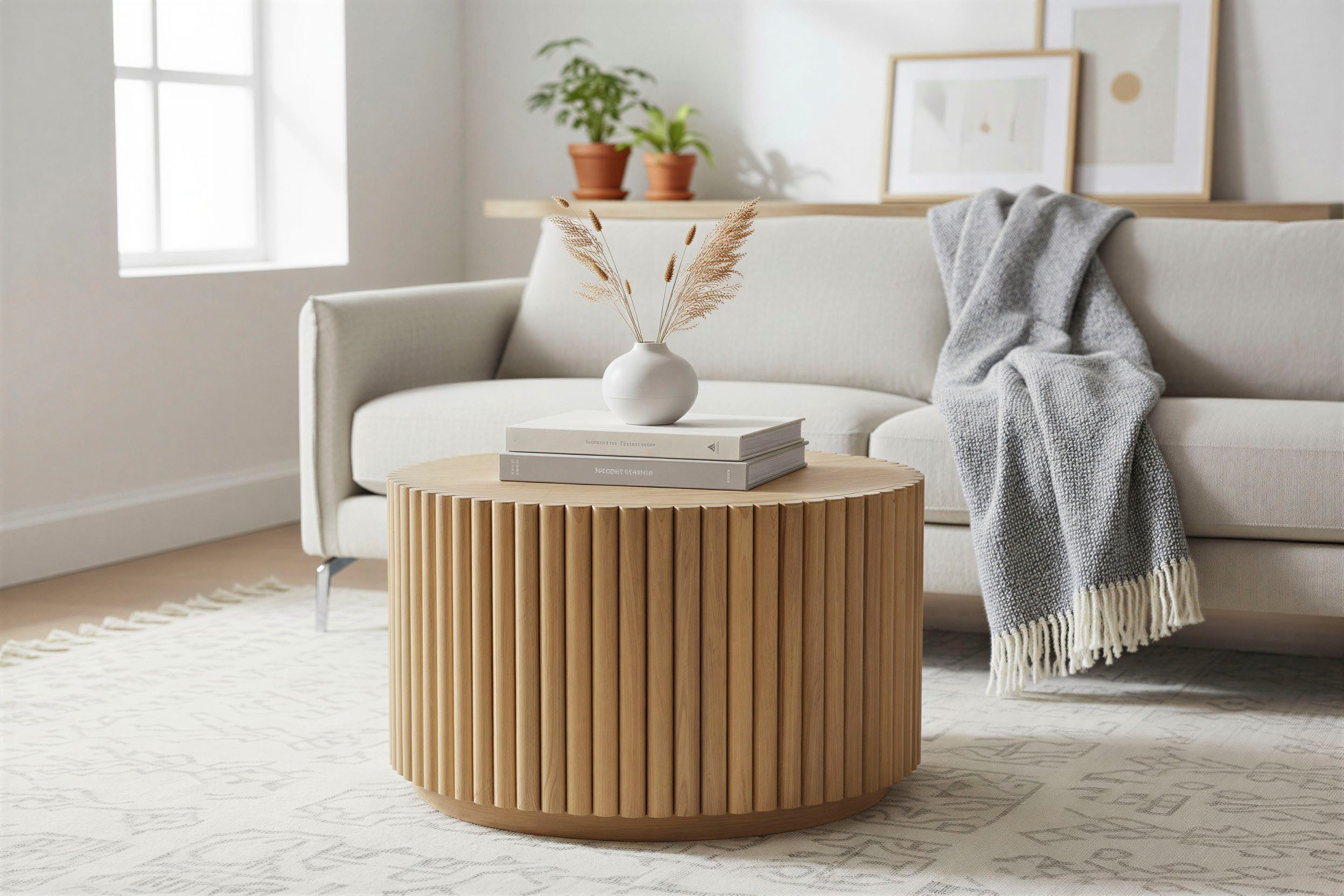 SIT Couchtisch Mango Massivholz Ribbed Look Säulenfuß 55 cm Design, Mango Massivholz Couchtisch im Ribbed Design mit Säulenfuß