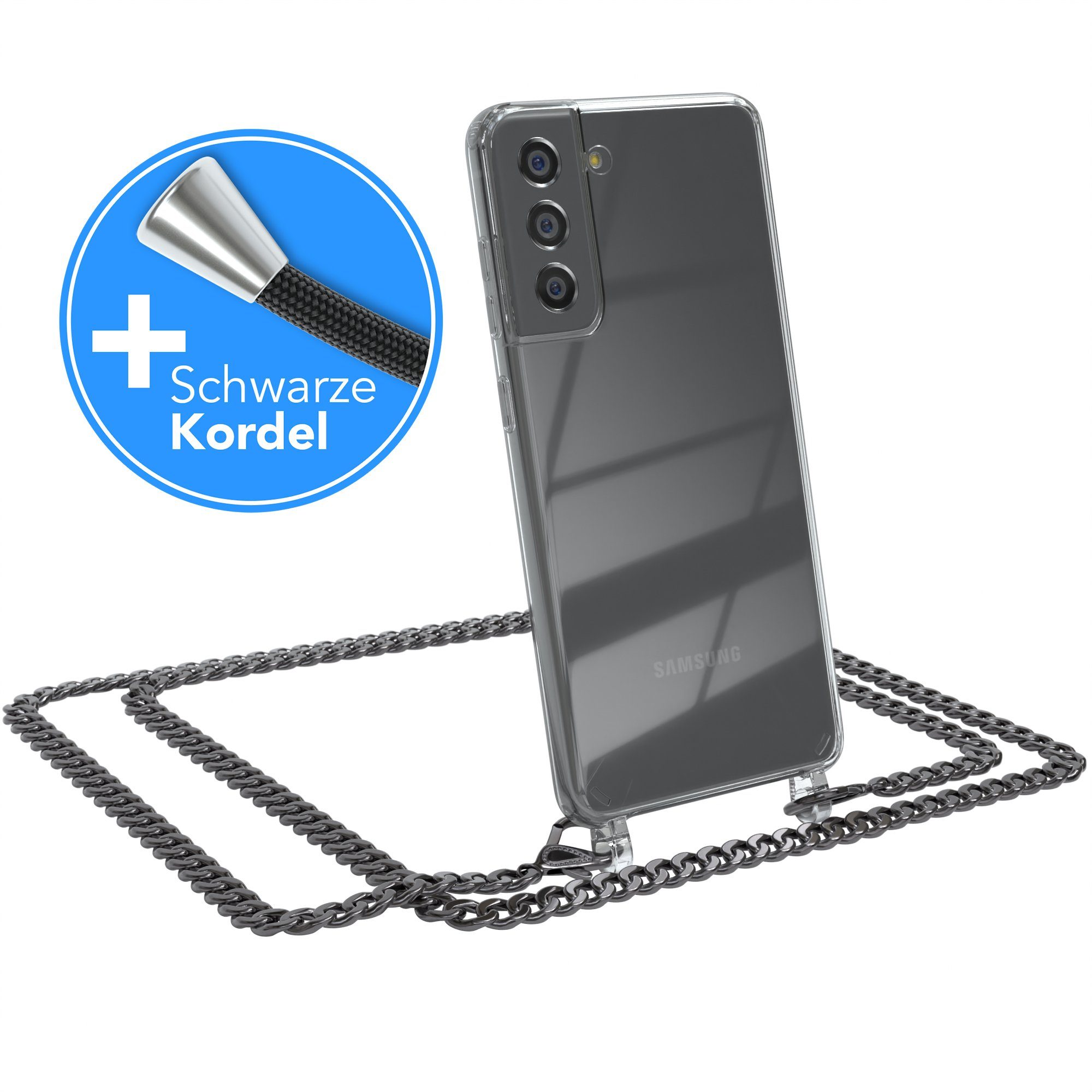 EAZY CASE Handykette 2in1 Metallkette für Samsung Galaxy S21 FE 5G 6,41 Zoll, Handykordel Kette zum Umhängen Cross Bag Schutzhülle Anthrazit Grau