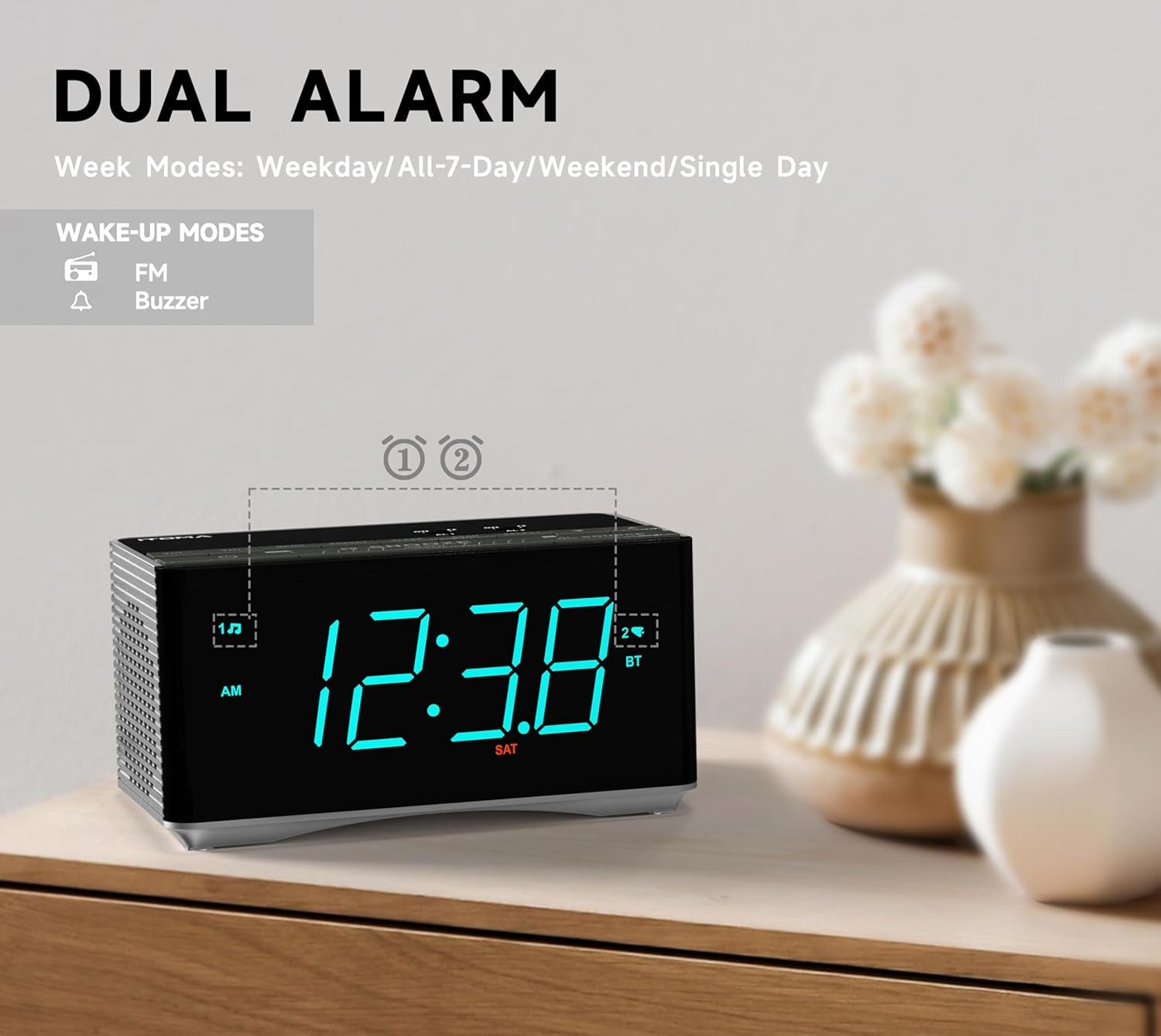 iTOMA Radiowecker Bluetooth Radiowecker mit FM-Radio, USB-Ladeanschluss & Dual-Alarm Bluetooth FM-Radio 20 Speicherplätzen, Sleep-Timer