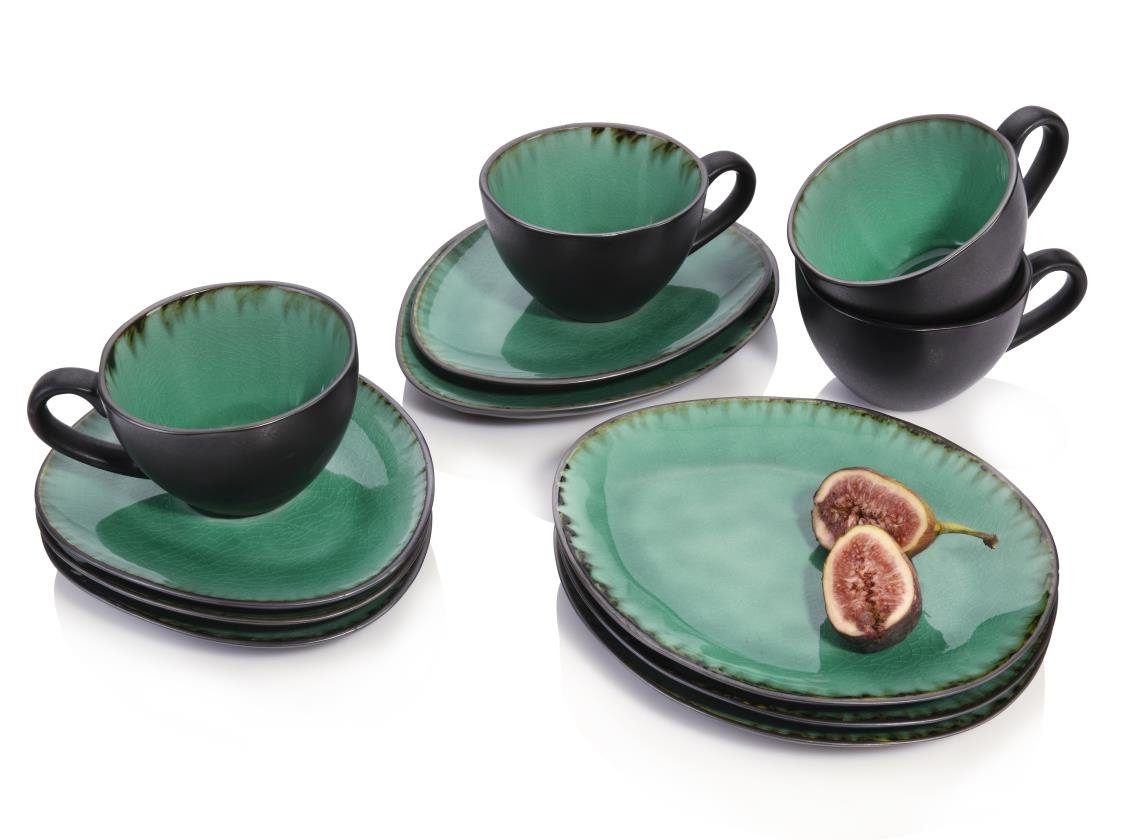 SÄNGER Kaffeeservice Palm Beach (12-tlg), 4 Personen, Steingut, Kaffeetassen Set, Grün Schwarz, Handmade, Premium Collection
