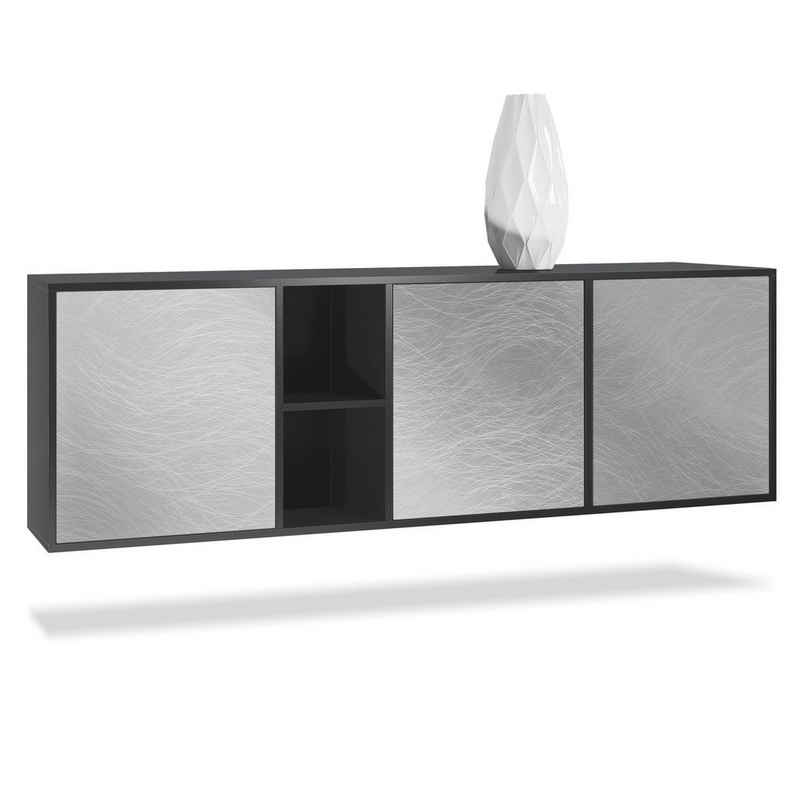 Vladon Sideboard Cuba (Kommode, mit 3 Türen und 2 offene Fächer), Schwarz matt/Scratchy Metal (182 x 53 x 35 cm)
