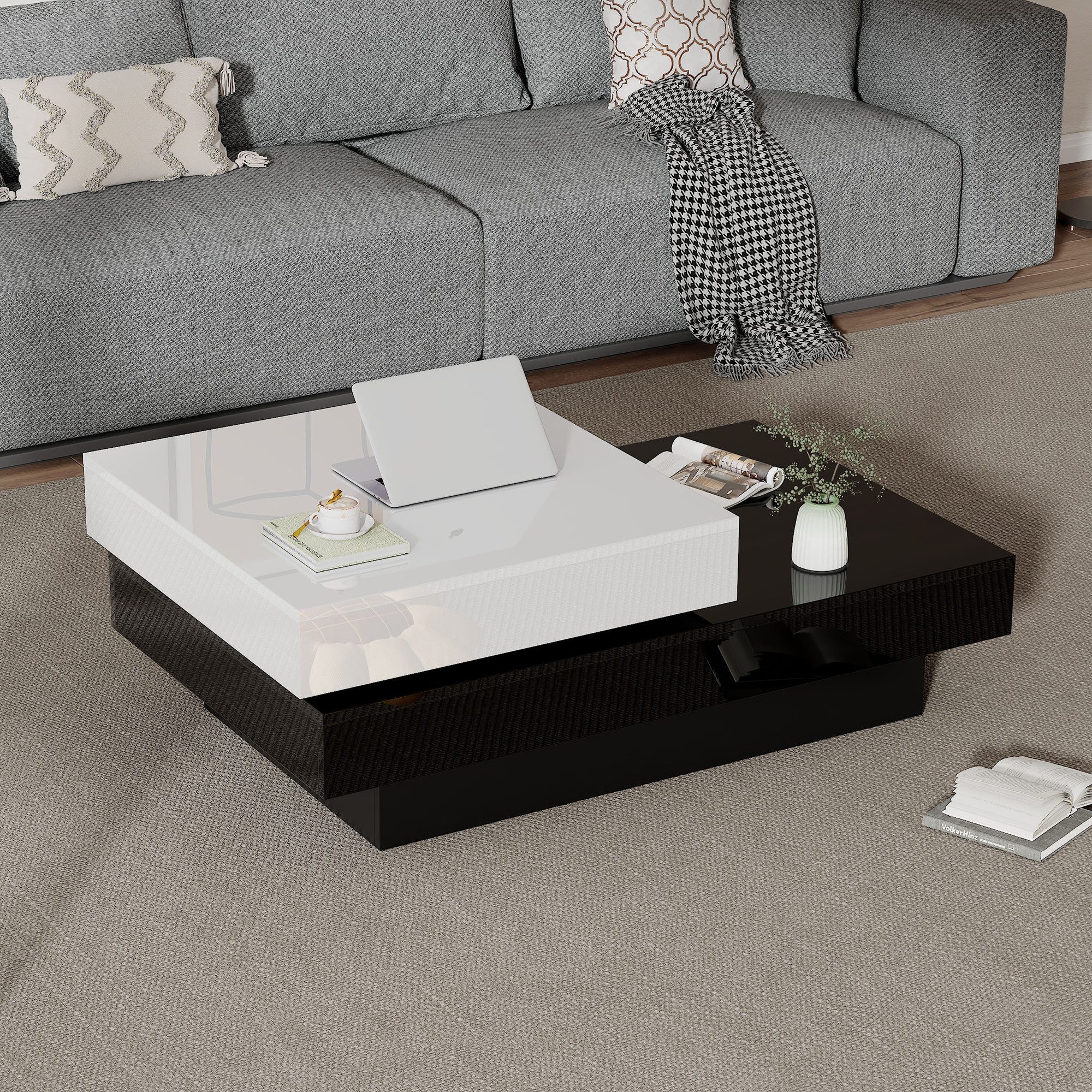 Merax Couchtisch drehbar mit Stauraum & 2 Ebenen (1-St., 1 Tisch), Wohnzimmertisch Hochglanz Sofatisch Beistelltisch, 100x60x35cm – Bild 3 von 5