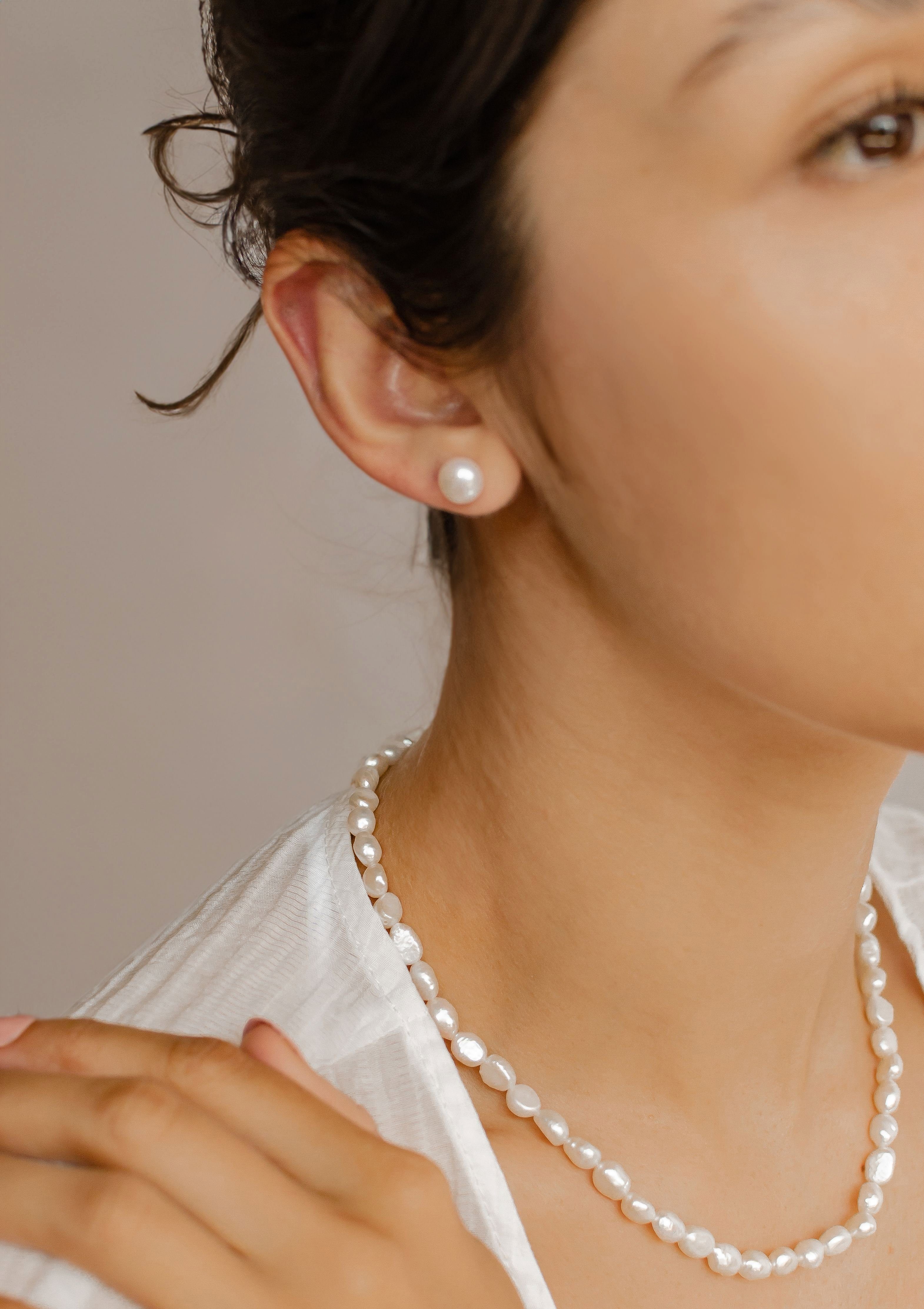 Hey Happiness Perlenkette mit weißen Süßwasserperlen, Collier 41-46 cm, 925er Silber Damen Halskette mit Perlen, Brautschmuck