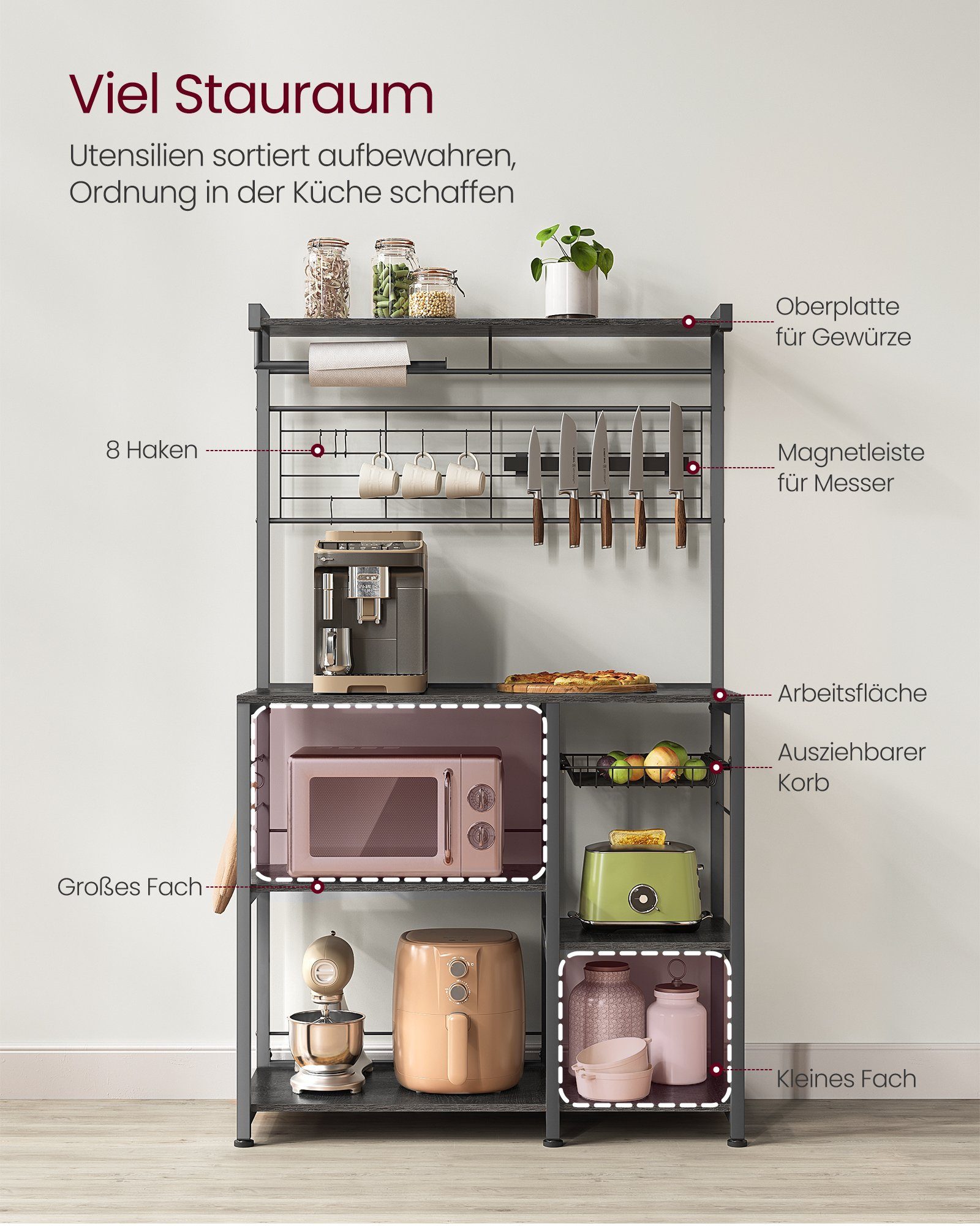 VASAGLE Standregal, Küchenregal, mit Magnetleiste Rollenhalter Drahtkorb, Ebenholzfarben-Schwarz Messer, für