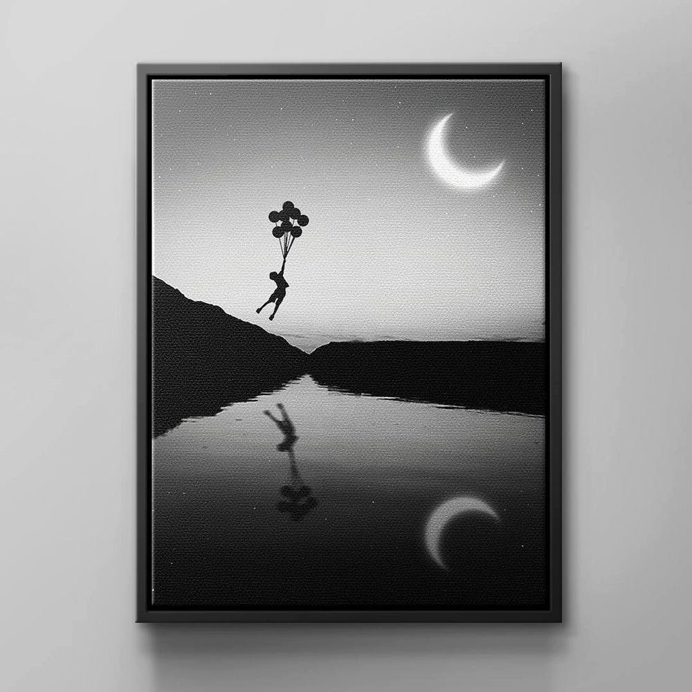 DOTCOMCANVAS® Leinwandbild Ballon Kid, Wandbild Natur Fluss Mond fliegen Kind Junge Ballon schwarz grau wei schwarzer Rahmen