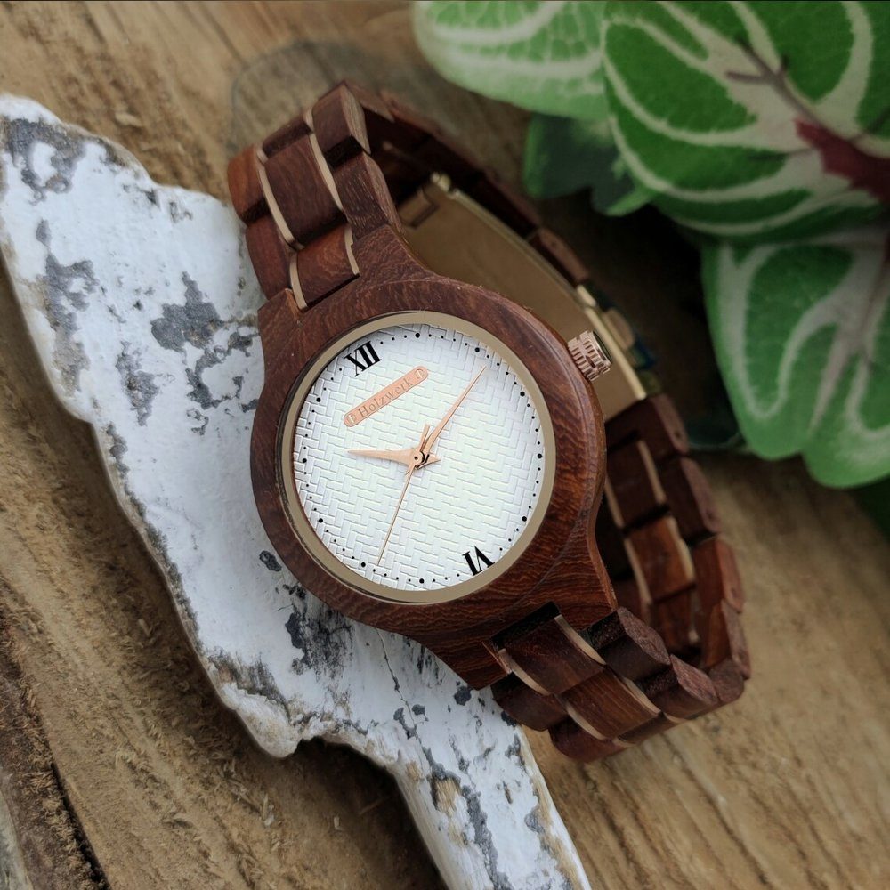 weiß Holz Kastanien Armband rose Quarzuhr Uhr, Damen braun, APOLDA gold, kleine Holzwerk