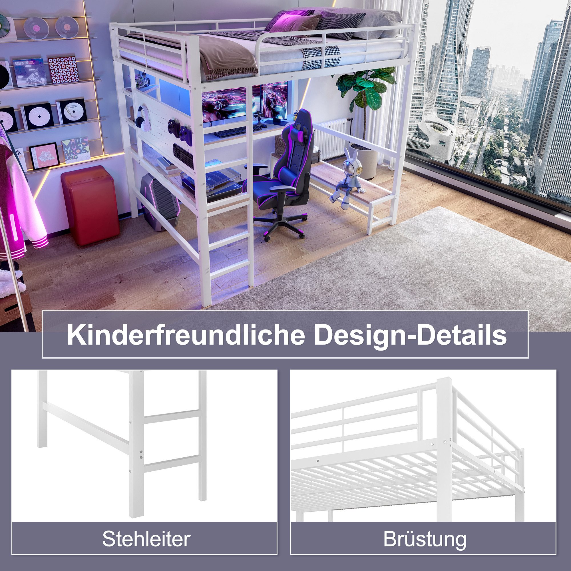 Flieks Hochbett Metallbett 140x200cm mit LED-Leiste, USB-Laden und Schreibtisch – Bild 5 von 5