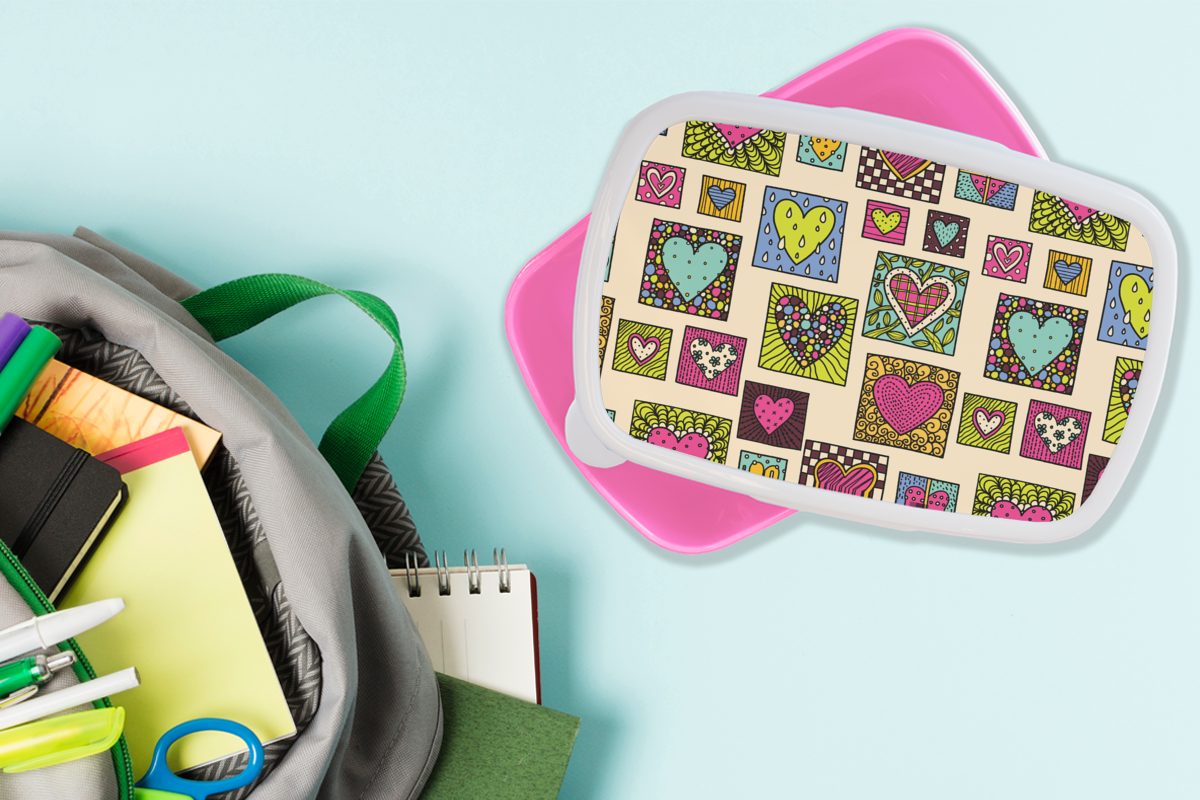 Bohemian - Herzen Brotdose Brotbox Muster, für Kinder, - rosa (2-tlg), Erwachsene, Mädchen, Kunststoff, Lunchbox Snackbox, Kunststoff Kritzelei - MuchoWow