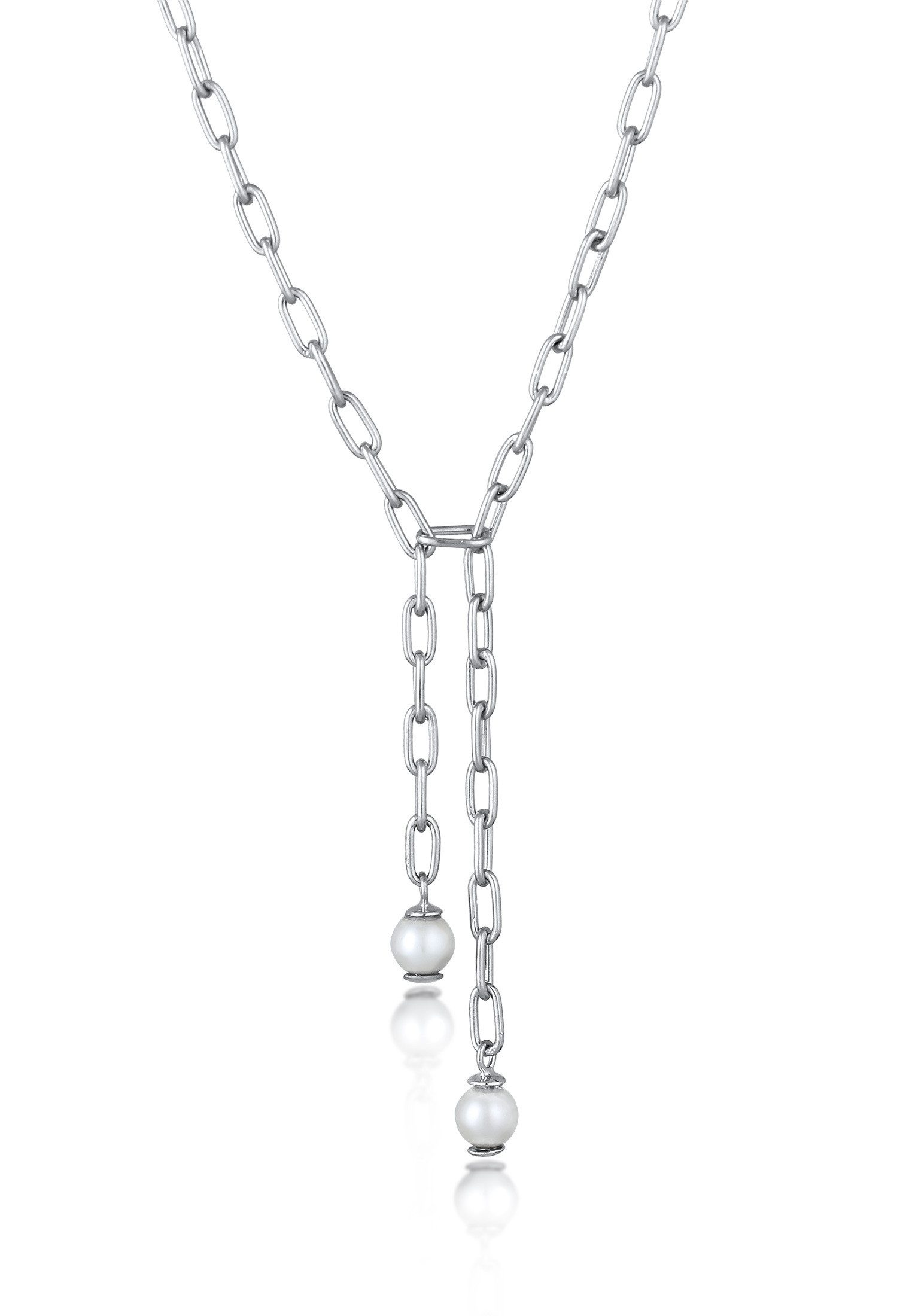 Elli Premium Perlenkette Y-Kette Gliederkette Synthetische Perle Weiß 925 Sterling Silber