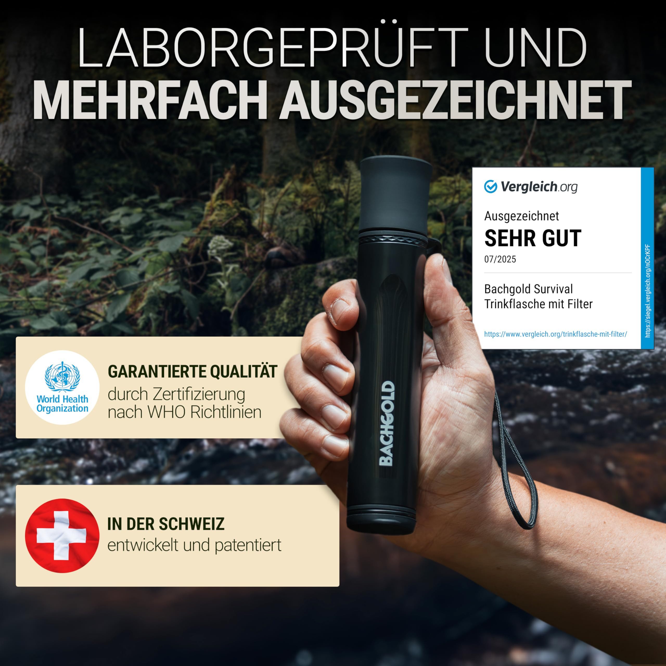 BACHGOLD Wasserfilter Straw - Outdoor Survival – Ultraleichte Prepper Ausrüstung, Zubehör für Liefert bis zu 500L Frisches Trinkwasser für Jeden Ernstfall, inkl. Schlauch, Langlebig Konstruiert