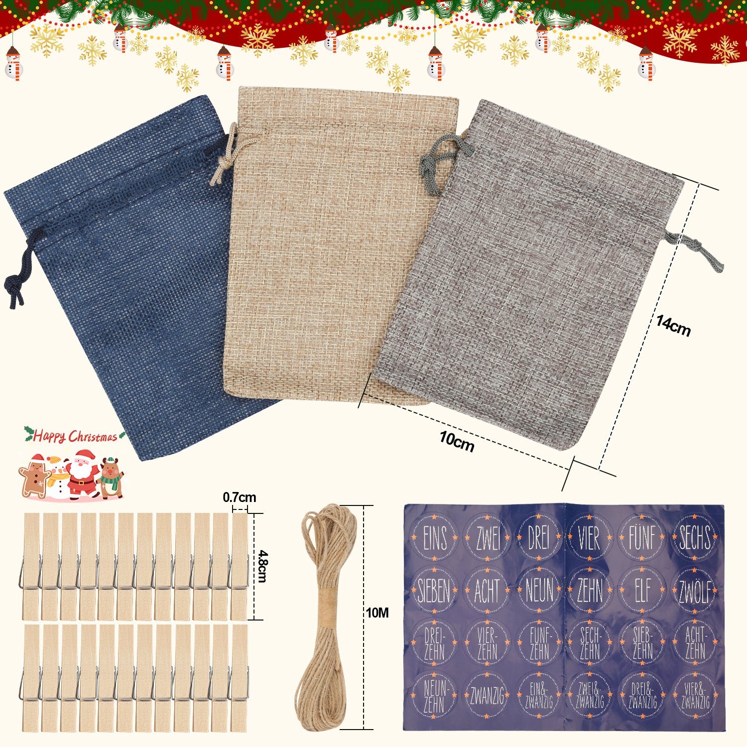 Dekohänger zum Lospitch /weiß Christbaumschmuck Weihnachtskalender /grau -DIY Befüllen Blau Jutesäckchen