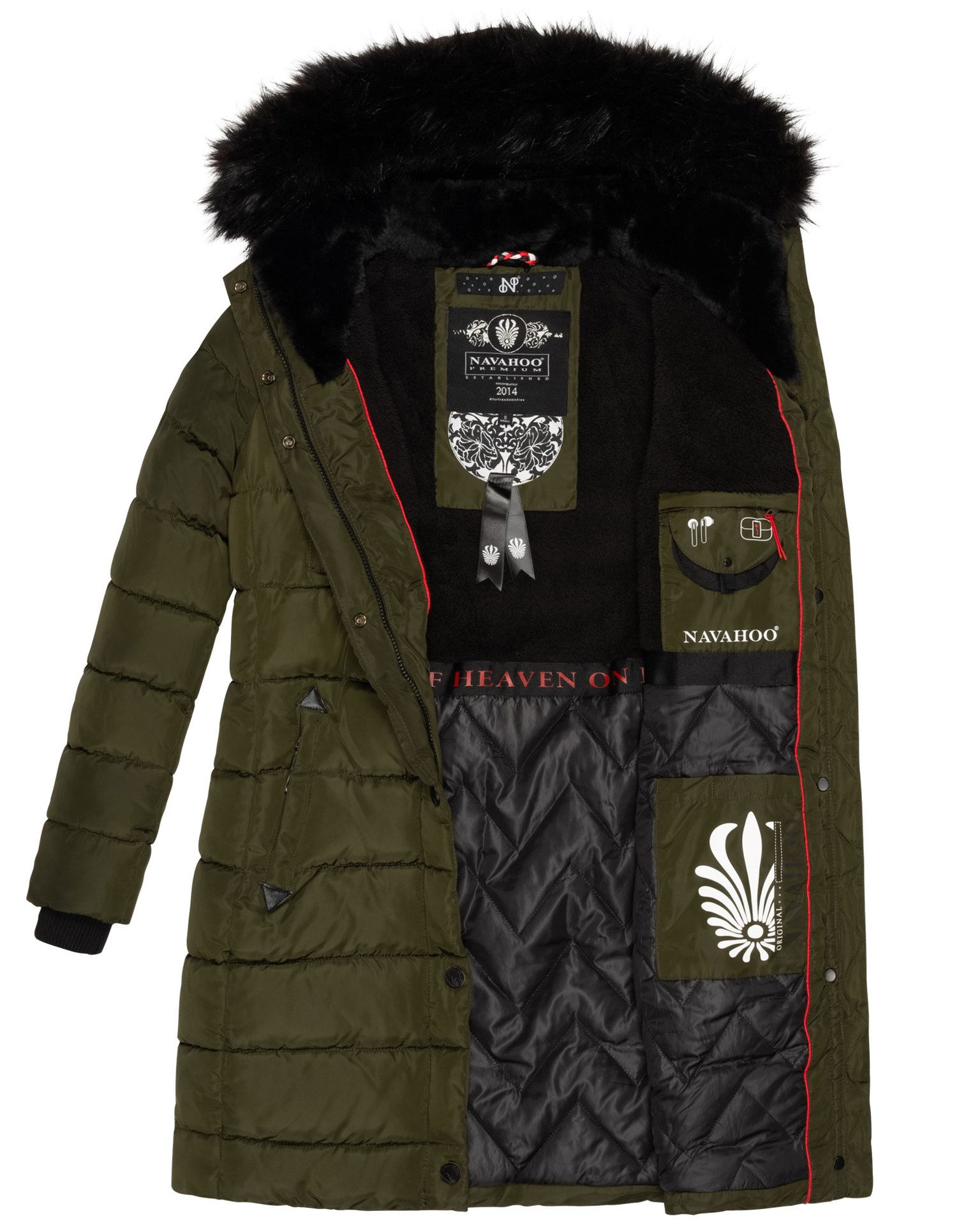 Navahoo Winterjacke Steppjacke lang mit Kapuze – Warm gefüttert Lange Winterjacke mit Teddyfutter und abnehmbarem Kunstfell