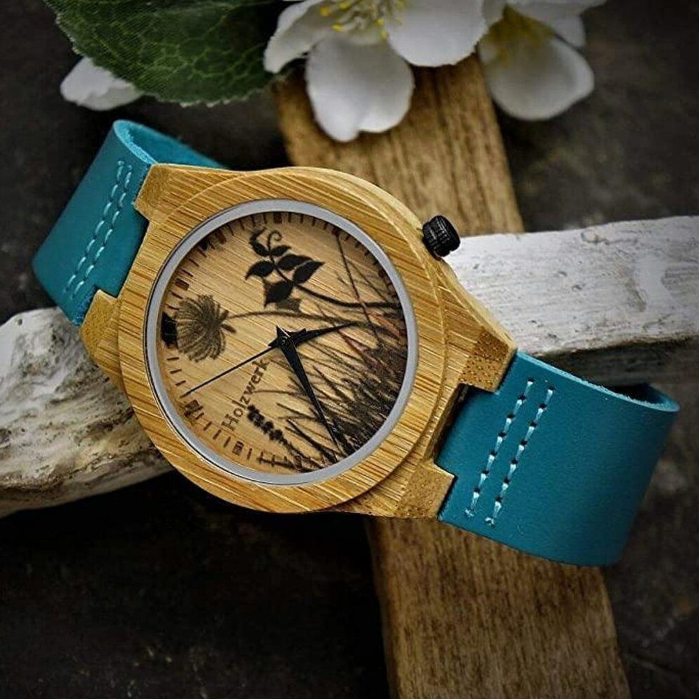 Holzwerk Quarzuhr FLORISTIC Damen Holz Armband Uhr mit Blumen Muster, braun, türkis blau
