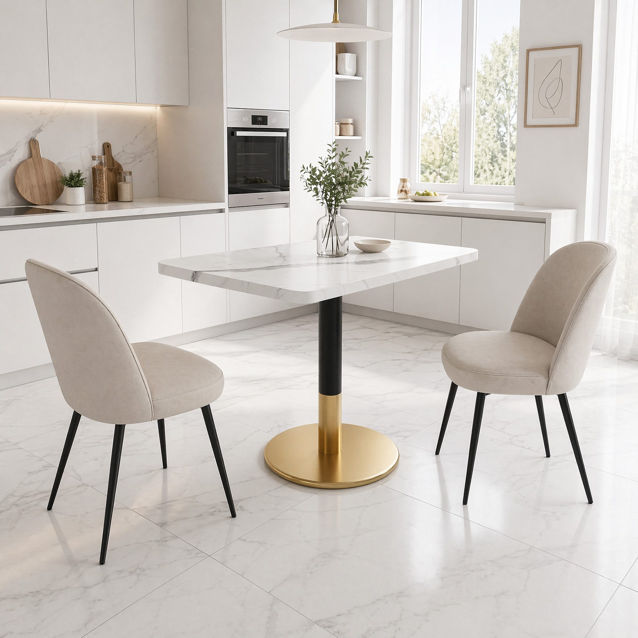 OKWISH Esstisch 80x60 cm Esstisch für 2 Personen in Weiß Marmoroptik mit Goldfuß (Packung, 1-St., aus MDF, Kleiner Küchentisch mit schwarzem Metallsäulenfuß), Besprechungstisch für Esszimmer, Küche, Büro & Meetingraum