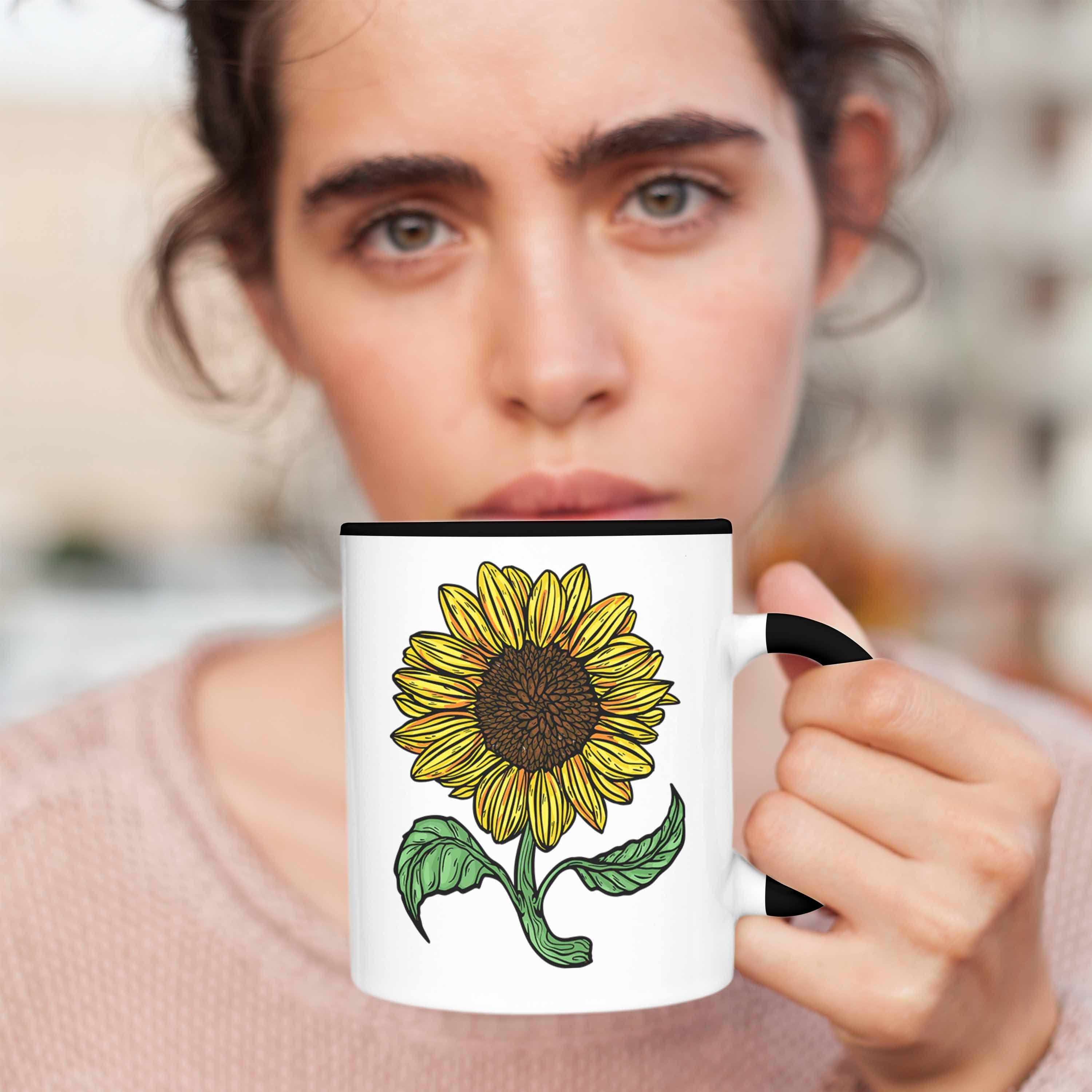 Trendation Sonnenblume Tasse Schwarz Tasse Geschenk Sonnenblumenliebhaber für Lustige