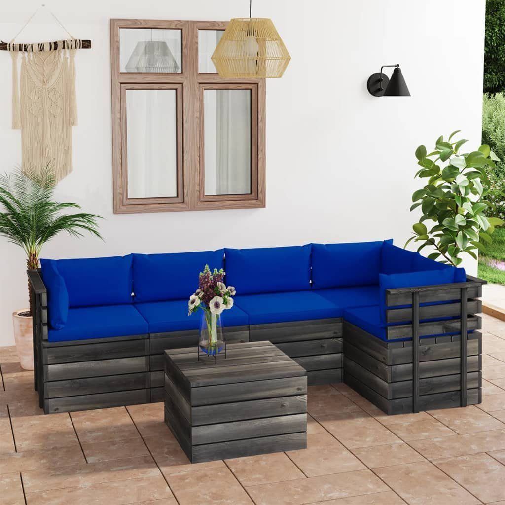 vidaXL Gartenlounge-Set 6-tlg. Garten-Sofagarnitur aus Paletten mit Kissen Kiefernholz, (6-tlg) Blau