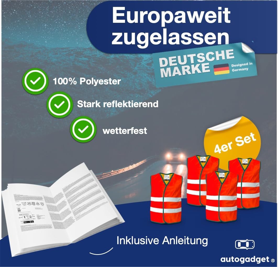 autogadget® Warnweste 4x Sicherheitsweste - Autozubehör - 2026 Unfallweste ISO20471 (Packung, 4-tlg., 4x Warnweste gelb) praktische Auto-Sicherheitskleidung