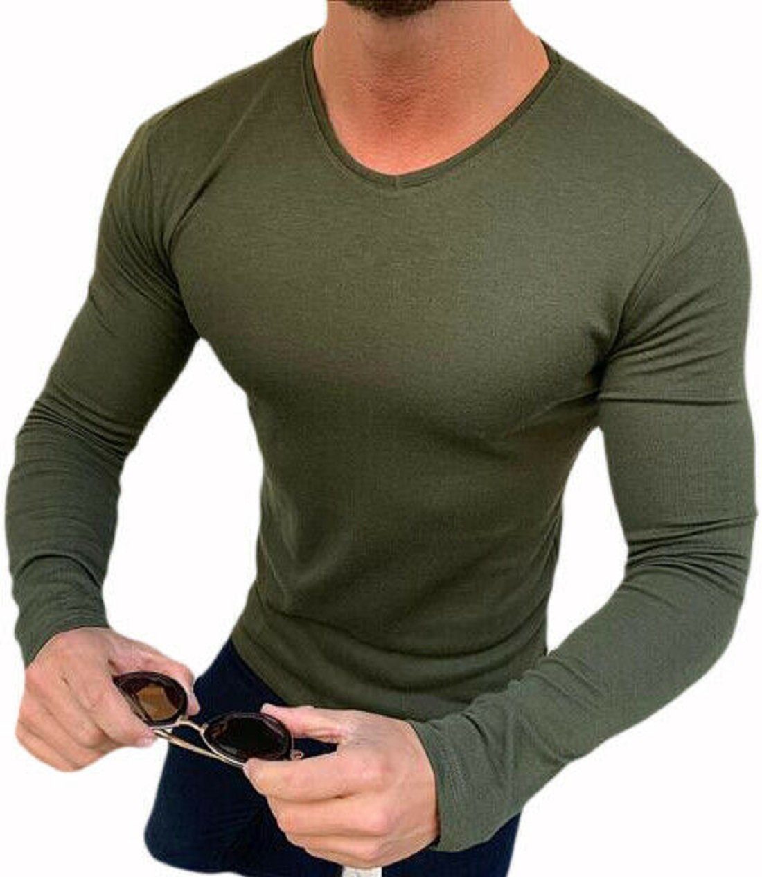 cofi1453 Langarmshirt Langarmshirt Longsleeve Basic Herren Pullover Sweatshirt T-Shirt Grün Long Langarm Sleeve Unifarben