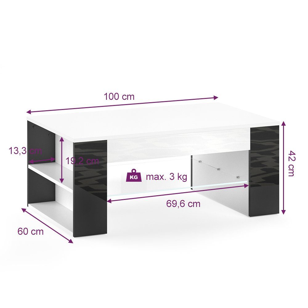 Wohnzimmer Kaffeetisch Couchtisch STELIOS Vicco Schwarz Weiß Hochglanz
