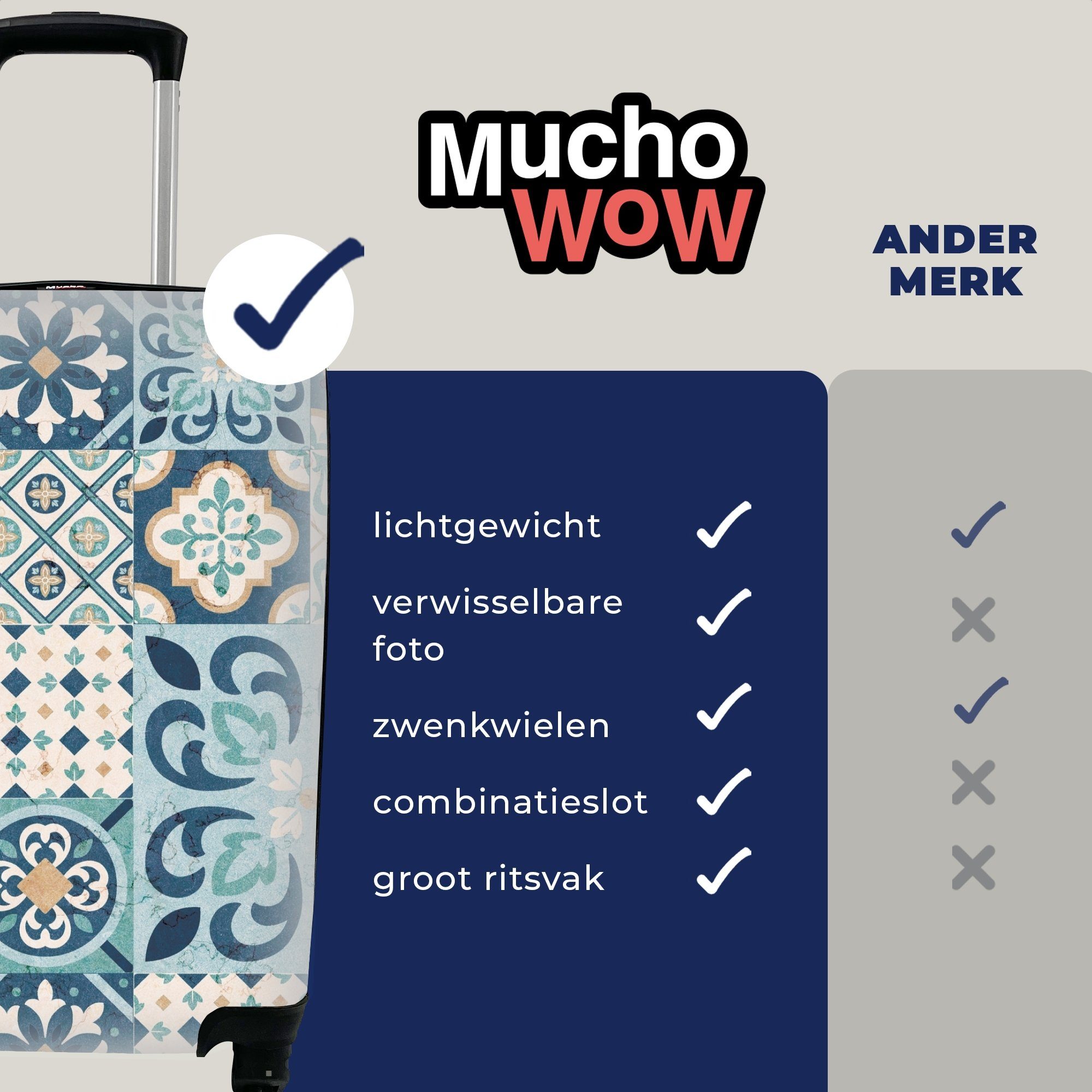 MuchoWow Handgepäckkoffer Design Reisetasche Ferien, - für - Handgepäck Trolley, Blumen - mit 4 Blau Rollen, rollen, Fliese, Reisekoffer