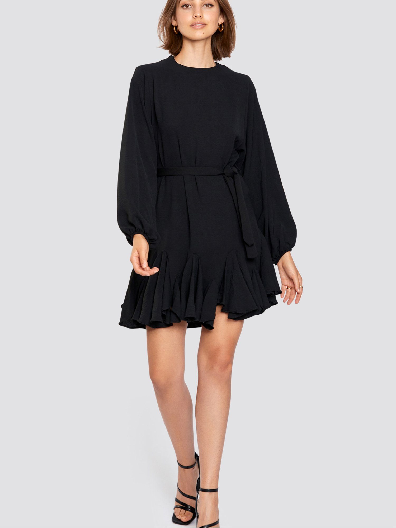 Freshlions Minikleid Kleid mit Bindegurt Rüschen, Taillentunnelzug schwarz