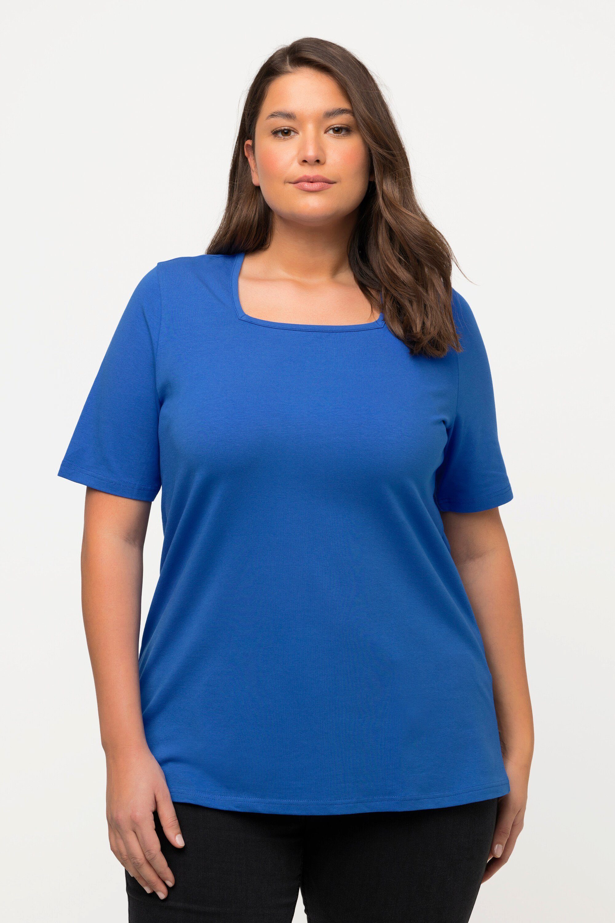 Popken Rundhalsshirt A-Linie Carree-Ausschnitt Halbarm T-Shirt blau kobalt Ulla