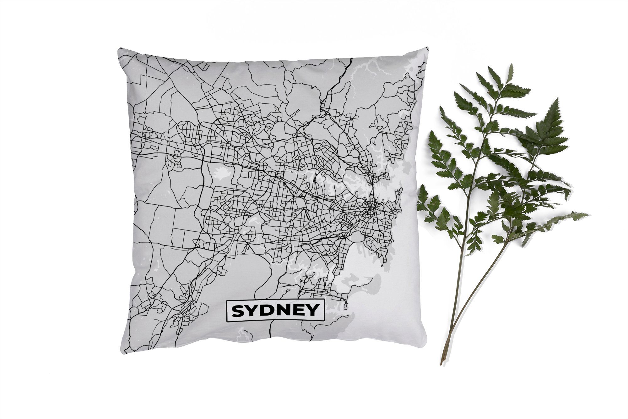 MuchoWow Dekokissen Sydney - Stadtplan - Schwarz und Weiß - Karte, Zierkissen mit Füllung für Wohzimmer, Schlafzimmer, Deko, Sofakissen