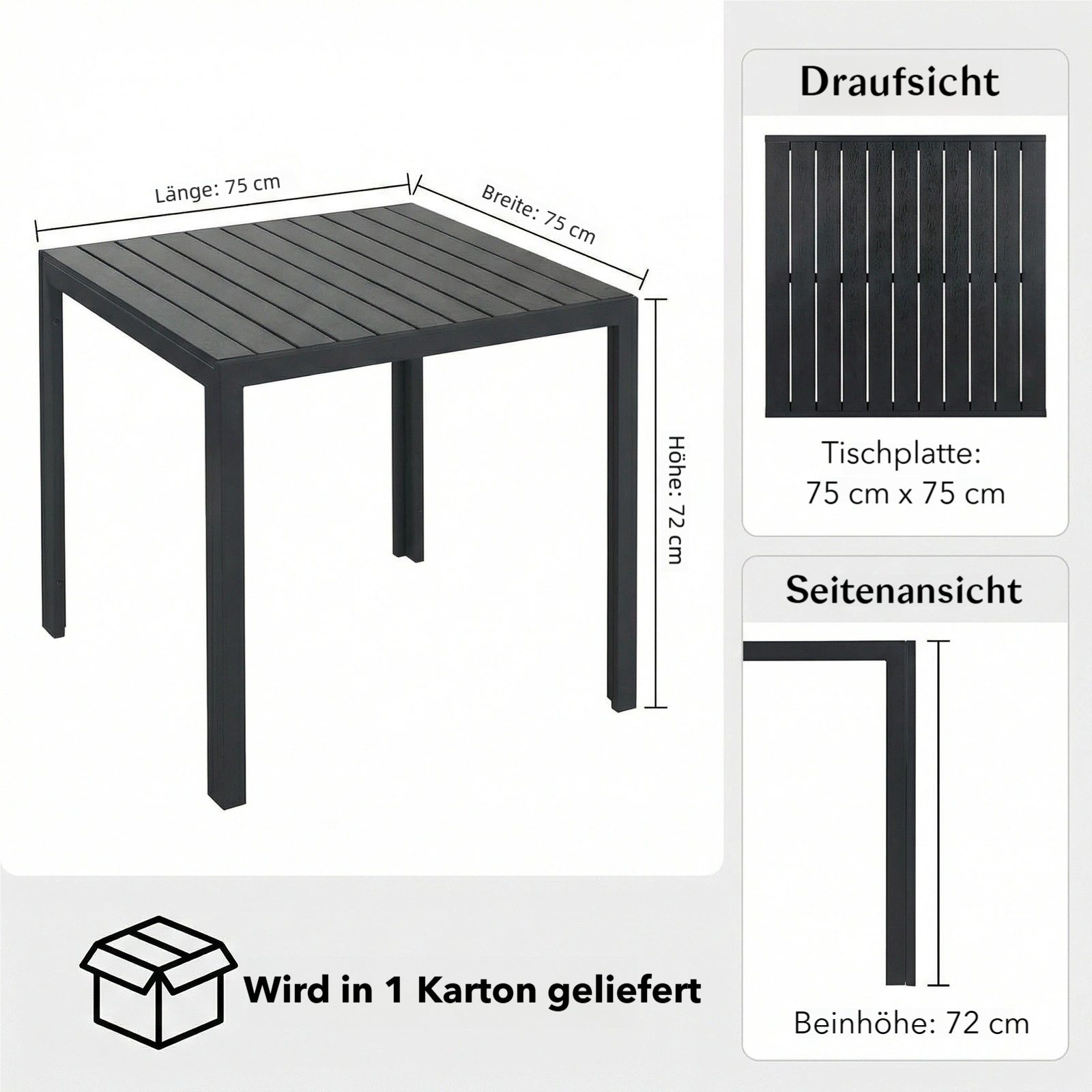 TLGREEN Gartentisch Aluminiumrahmen Quadratisch (75x75cm WPC Balkontisch Wetterfest, Quadratisch Terrassentisch, 1 Tisch), Esstisch Outdoor, Hitze- und Wetterbeständig, rutschfest-schwarz
