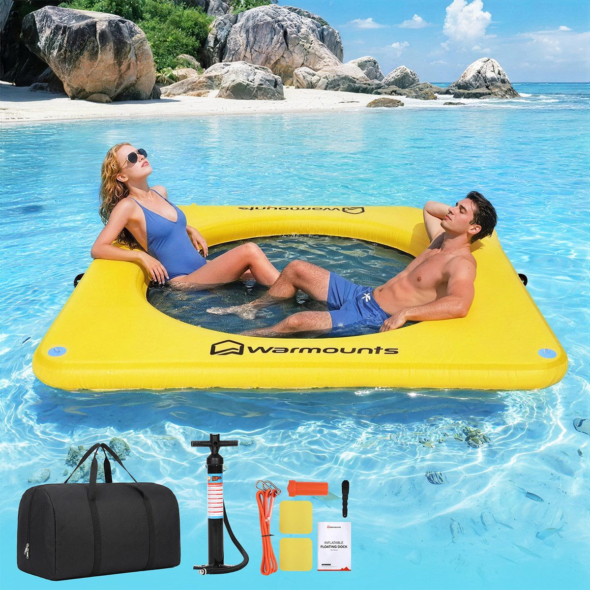 Warmounts Schwimminsel Aufblasbare Schwimmende Dock Luftmatratze 272kg Tragkraft, 244x244cm, Wasserhängematte mit Rutschfest Oberfläche inkl. Pumpe, Tasche, Seil