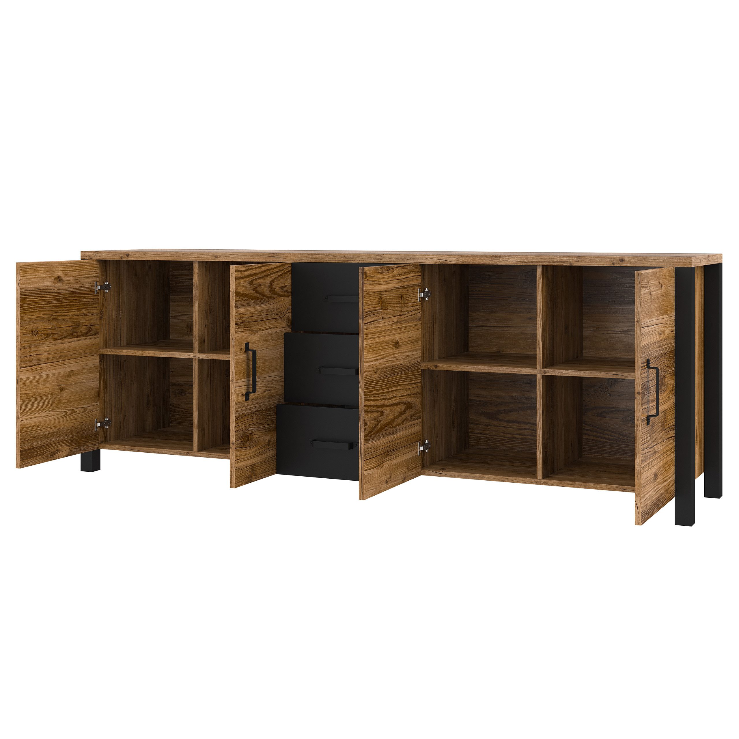 Masseno Kommode OLIVIERO 220 cm Sideboard mit 3 Schubladen und 4 Türen Braun